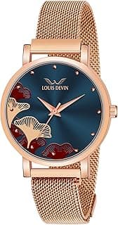 LOUIS DEVIN Rose Gold Plated Mesh Chain Analog Wrist Watch for Women (Black/Blue/Rose Gold Dial) | RG162