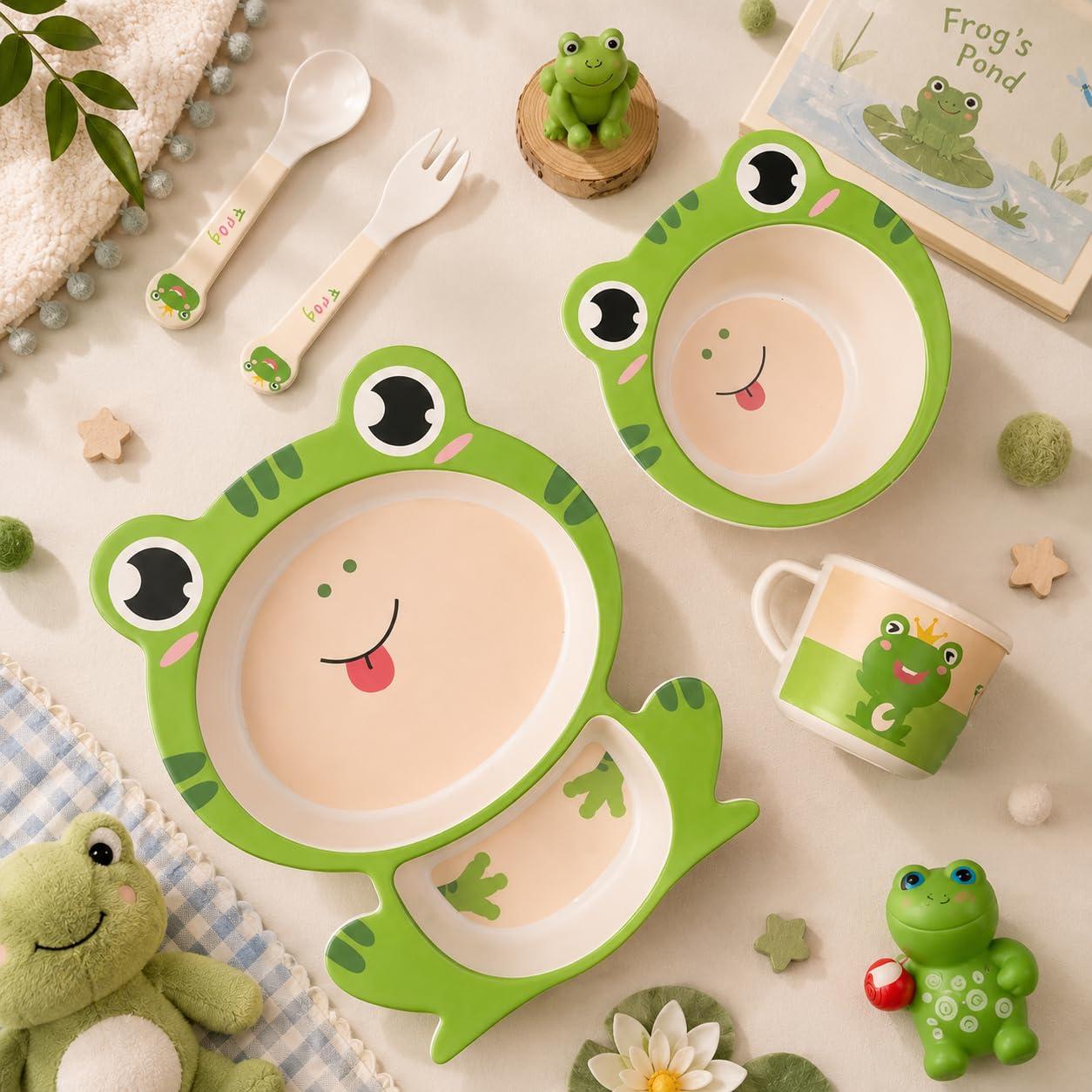 The Bamboo Co ® Bamboo Kids Feeding Set of 5 | Made of Bamboo | Kids Crockery Set Tableware |Baby Utensils and Dishes Set | Eco-Friendly |Organic & Natural(Funny Frog)