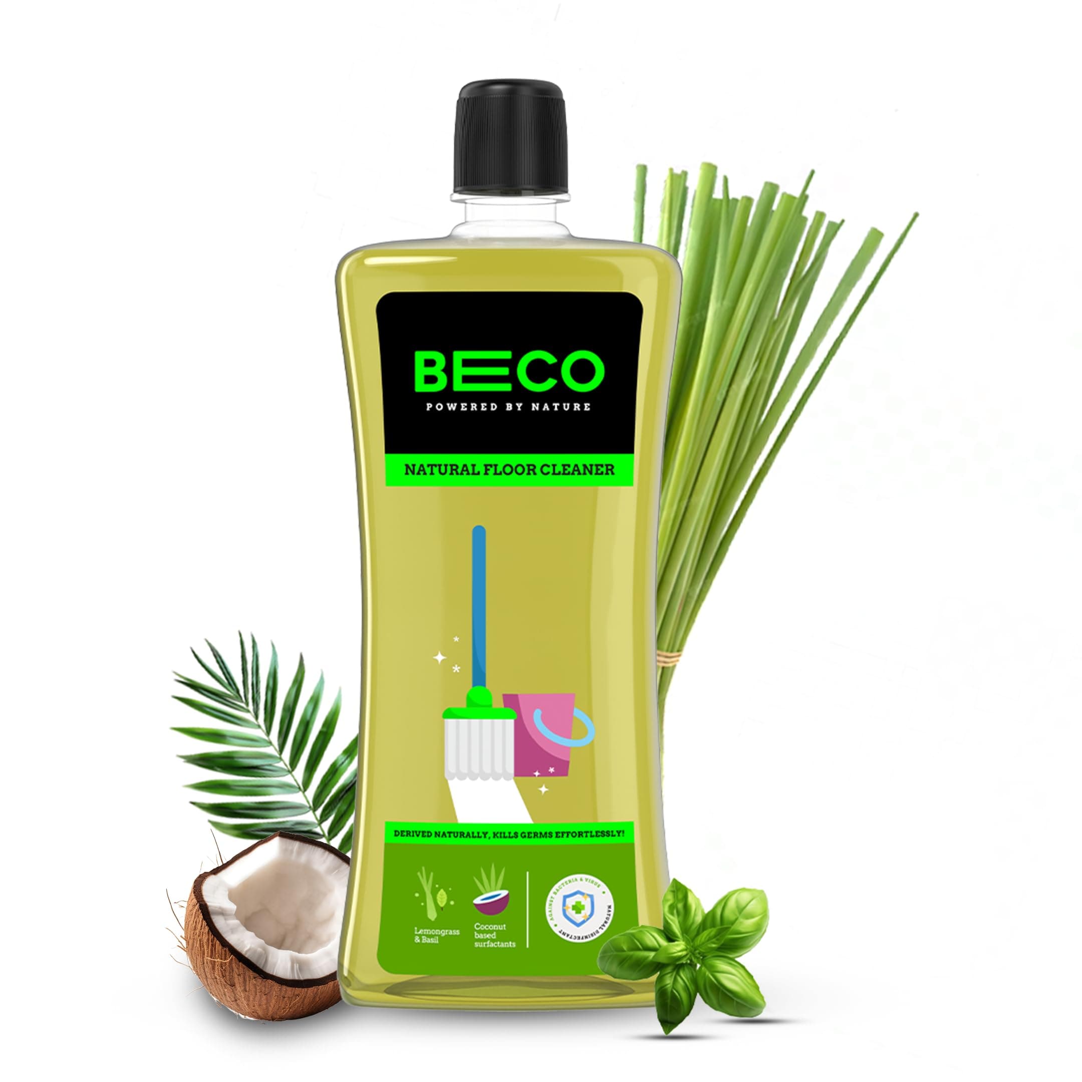 Beco Natural Surface & Floor Cleaning Liquid | 1L Bottle | Non Toxic Germ Kill Formula | Lemongrass & Basil Freshness | Safer than Phenyl | Kids Safe & Pet Friendly Floor Cleaner Liquid