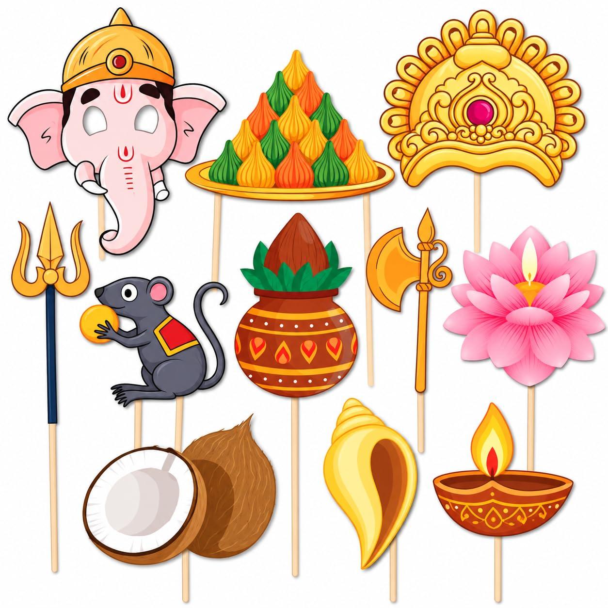 Festiko® Ganesh Chaturthi Photo Booth Props, 10 Pcs Ganpati Bappa Selfie Props for Kids & Family Photos, Ganesh Puja Decoration Accessories for Home, Society, School & Office Celebration