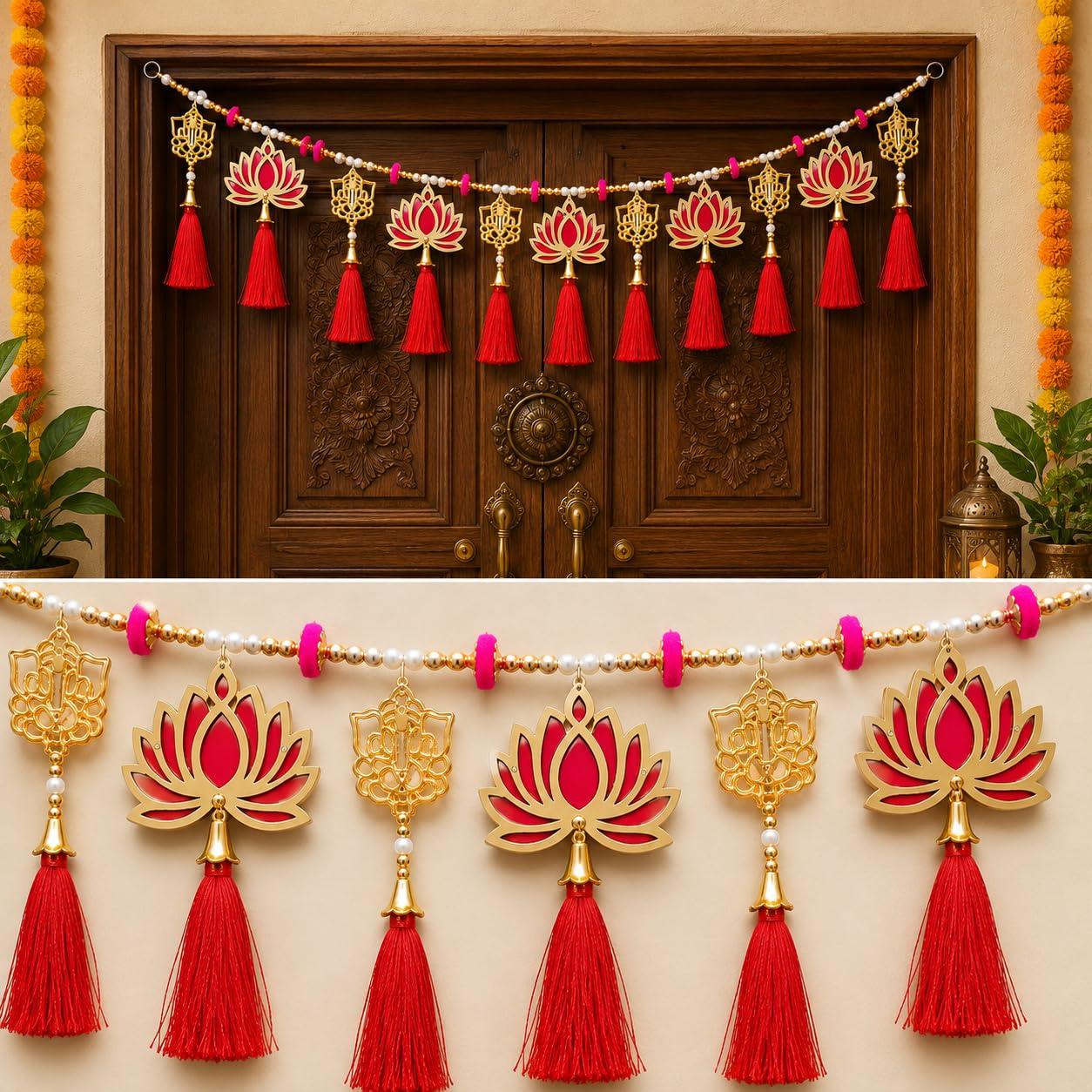 Rajasthan Kraft Decorative Lotus & Ganpati Door Toran, 40 Inch – Lotus Decor Toran Door Hanging for Entryway with Ganesha Charms, Red Tassels,Ganpati Decoration Inspired Festive Home Ornament Garland.