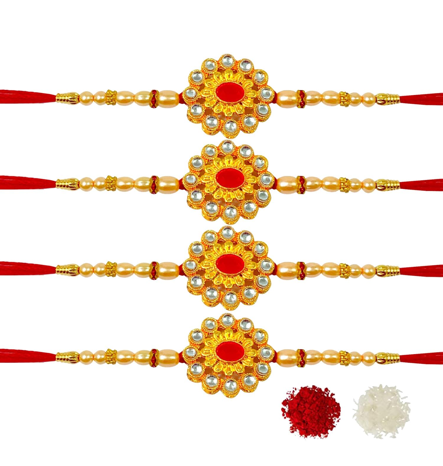 Evisha 4 Pcs Kundan Bracelet Rakhi For Brother | Rakhi Combo-91-Two-92-Two | Red