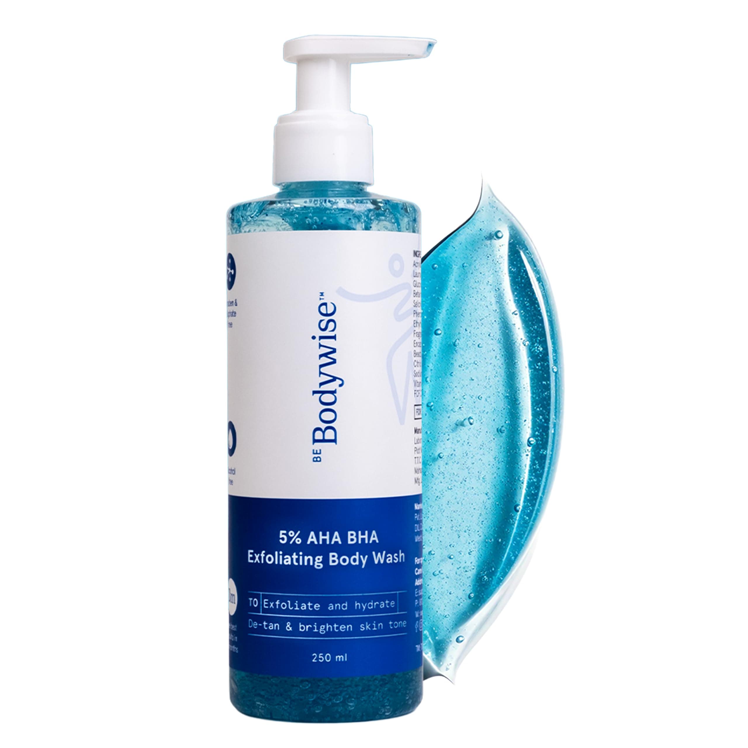 Be Bodywise 5% AHA BHA De-Tan Exfoliating Body Wash 250ml | For Body Acne, Strawberry Skin, De-Tan | Infused with 3% Lactic Acid, 1% Salicylic Acid, 1% Glycolic Acid | Non-Drying, Paraben Free