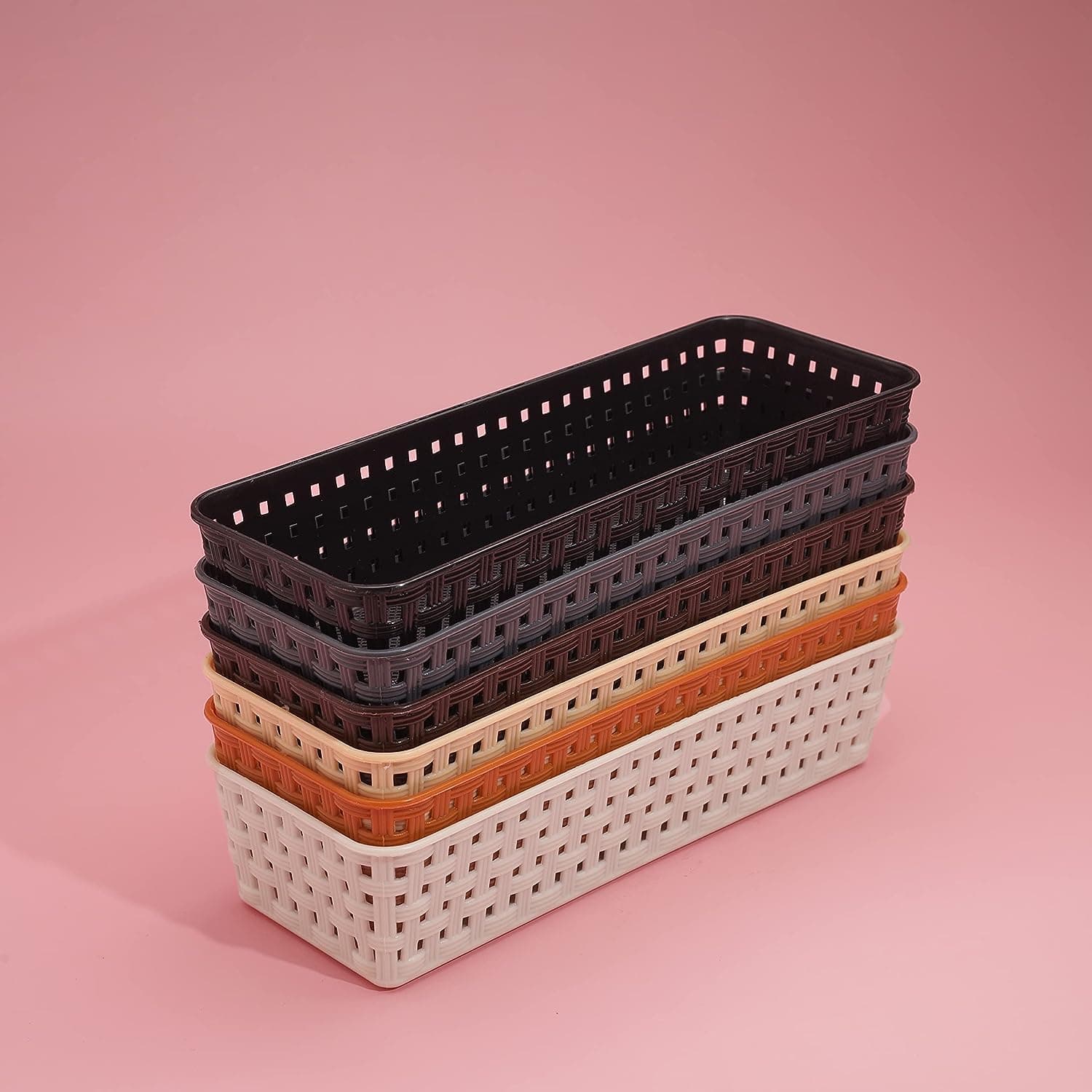 RUSHIL WERE Plastic Desk Organizer Basket | 1 Free Mobile Stand | Office Drawer Dividers | Storage Tray for Kitchen, Bathroom, Office, Makeup, Bedroom | Multicolour | 23 × 8 × 5 cm |Plastic |Pack of 6