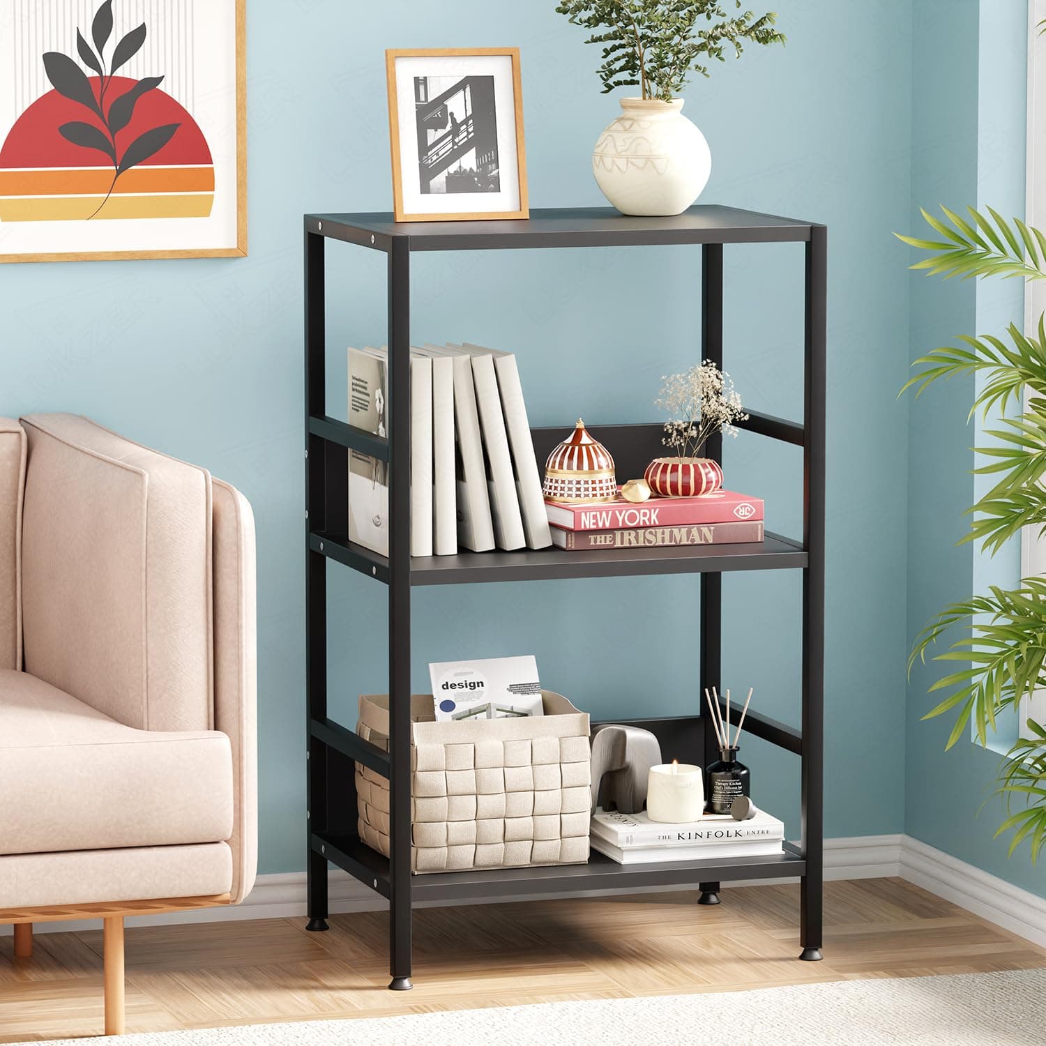Lukzer 3-Tier Wooden Bedside Table for Bedroom & Multipurpose Open Storage Shelf (MMR-006-Black & Black) Metal Side Tables for Living Room & Space-Saving Kitchen Organizer Rack (70 x 53 x 30 cm)