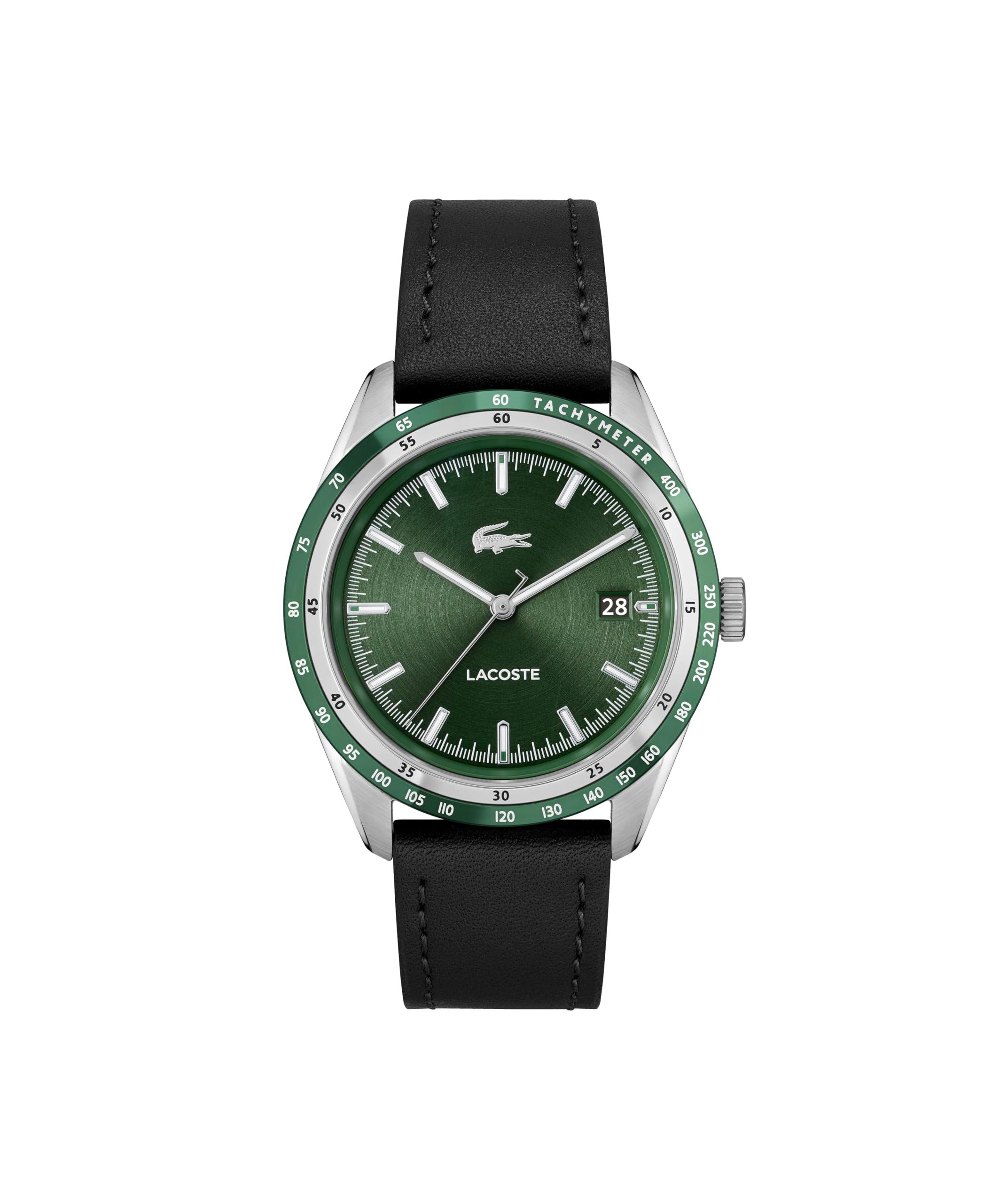 Lacoste Everett Qtz Basic Calendar Green Round Dial Men's Watch|Black Leather Material|Black Color Band - 2011292