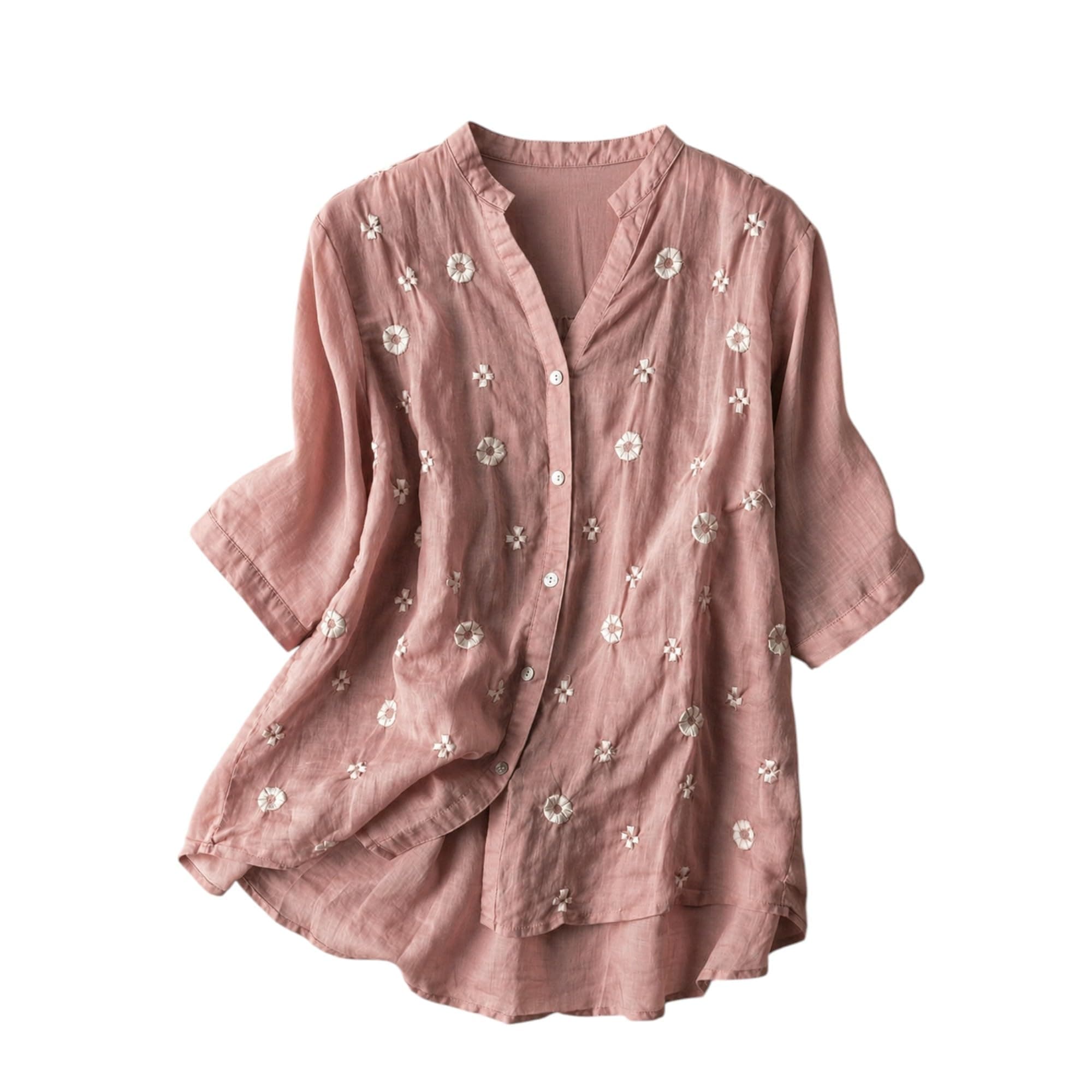 RIEKA Womens Floral Applique Embroidered Fancy Top with Mandarin Collar Button Down Front Half Sleeves Relaxed Fit Casual Tunic Top for Women (D.Pink-XL)