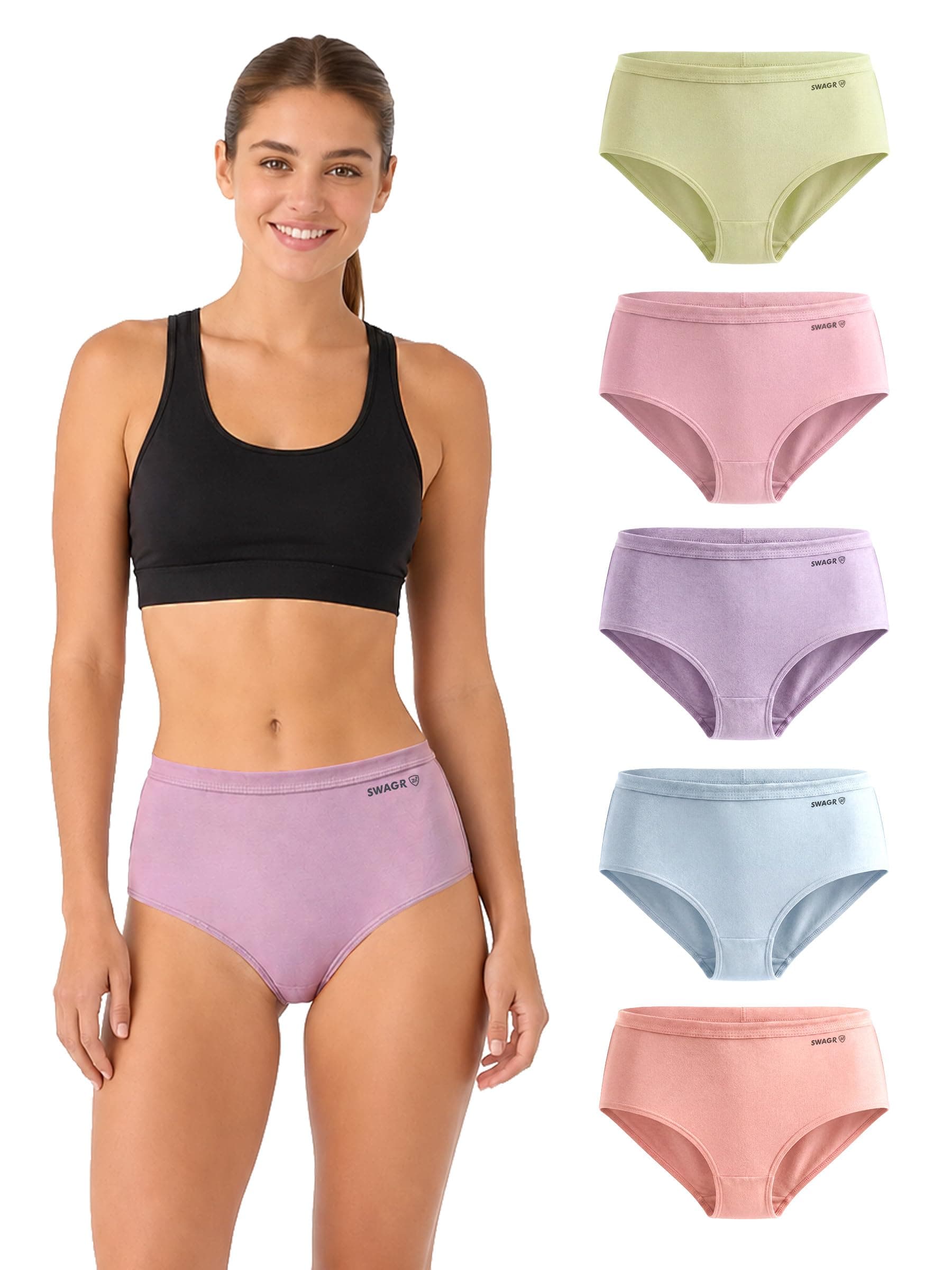 SWAGR 5 Pack Women's High Coverage Super Combed Cotton Hipster Panty Set | Powered by ZincShield Anti-Bacterial Tech | BreatheSoft Fabric | Size 3XL | Light Multicolor | SOXCO Style HP06