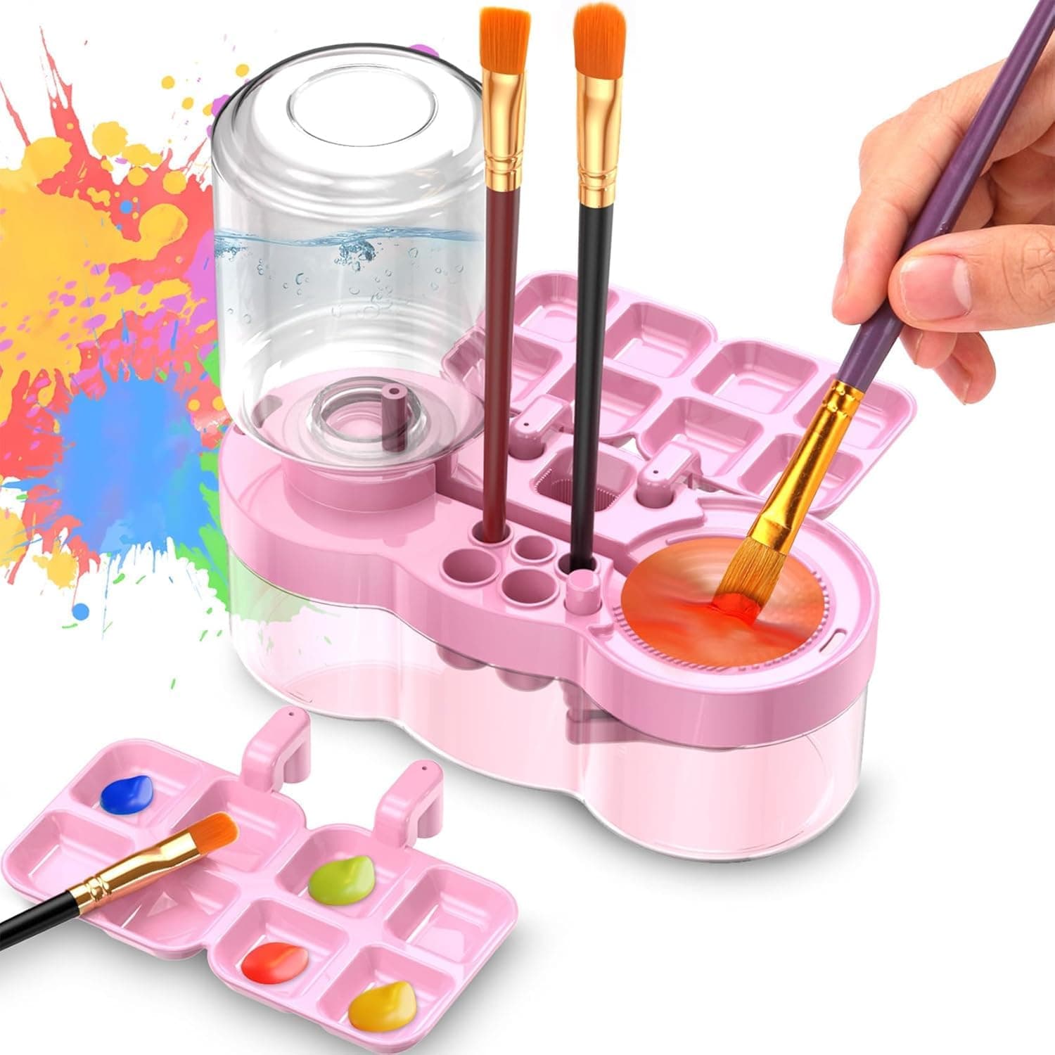 Parssufy Paint Brush Cleaner with Paint Tray, 6-in-1 Water Circulation Rinser Paintbrush Cleaner with Drain & Brush Holder, Watercolor Dispenser & Paint Palette, Paint Brush Washer (Pink)