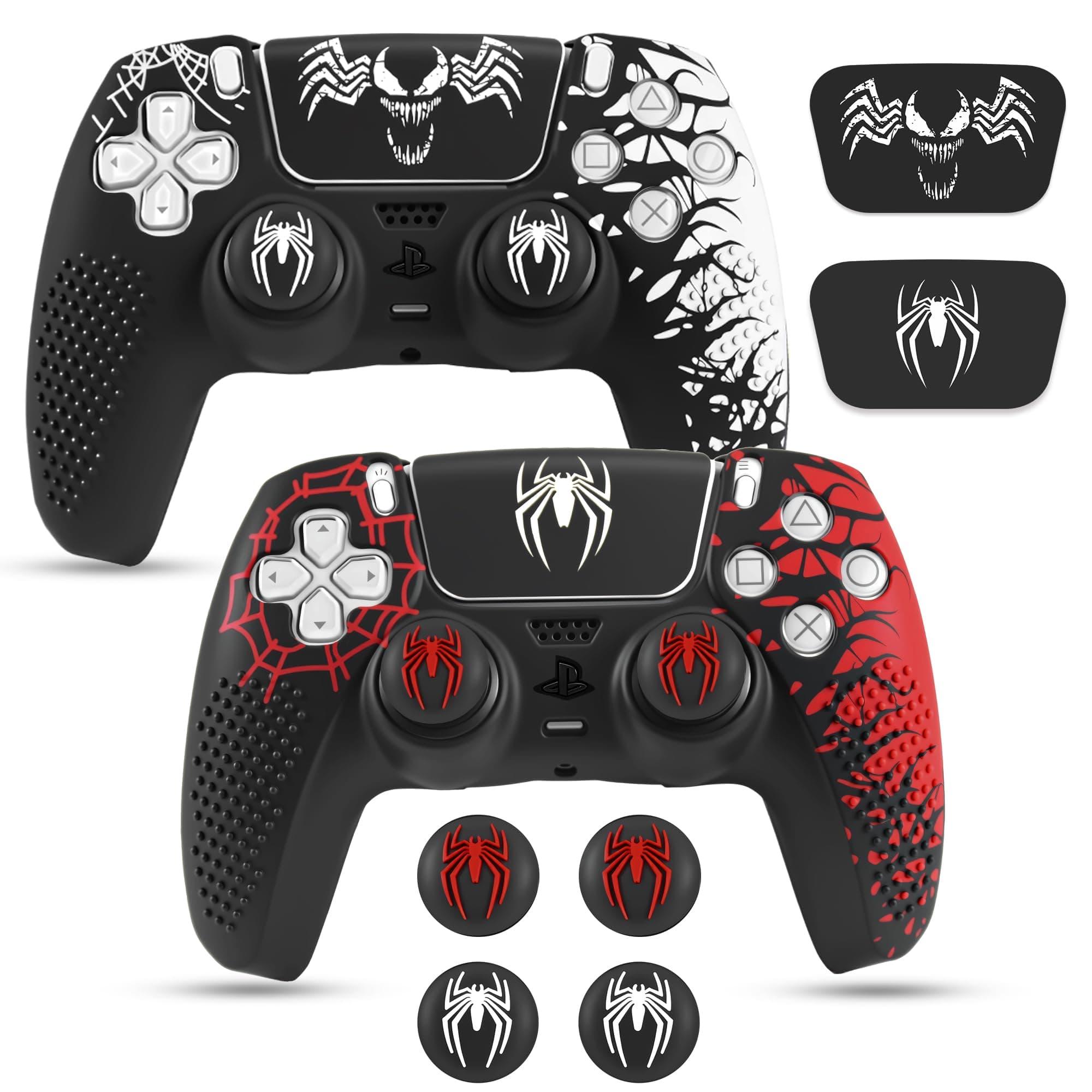 Sounce Anti-Slip Silicone Controller Accessory Compatible with PS5 DualSense Controller Non-Slip Case with Thumb Grip Caps Touch Pad Sticker and Wrap Cover Stickers Pack of 2 (Red Black, Black White)