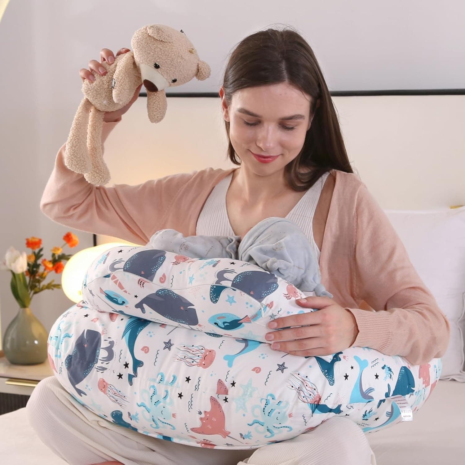 Proliva Feeding Pillow for New Born Baby with Detachable Cover Breast Feeding & Maternity Nursing Pillow for Breastfeeding Support for Baby Feeding Pillow for Mom (Off White-Dolphine-A2)