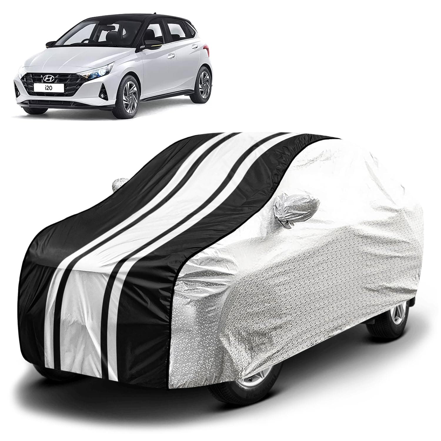 Fabtec Waterproof Car Body Cover for Hyundai i20 New with Mirror Pocket and Soft Cotton Lining, Bottom Elastic, Triple Stitched (Metallic Silver with Black Stripes) (No Antenna Pocket)