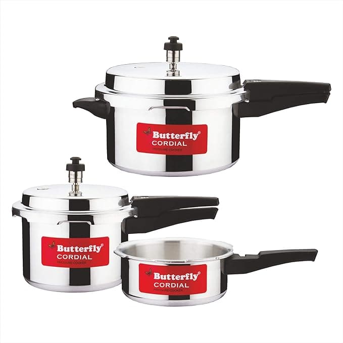 Butterfly Cordial 2 Litres, 3 Litres & 5 Litres Pressure Cookers | Outer Lid | Food Grade Virgin Aluminium | Induction & Gas Stove Compatible | 3 Years Manufacturer's Warranty | Silver