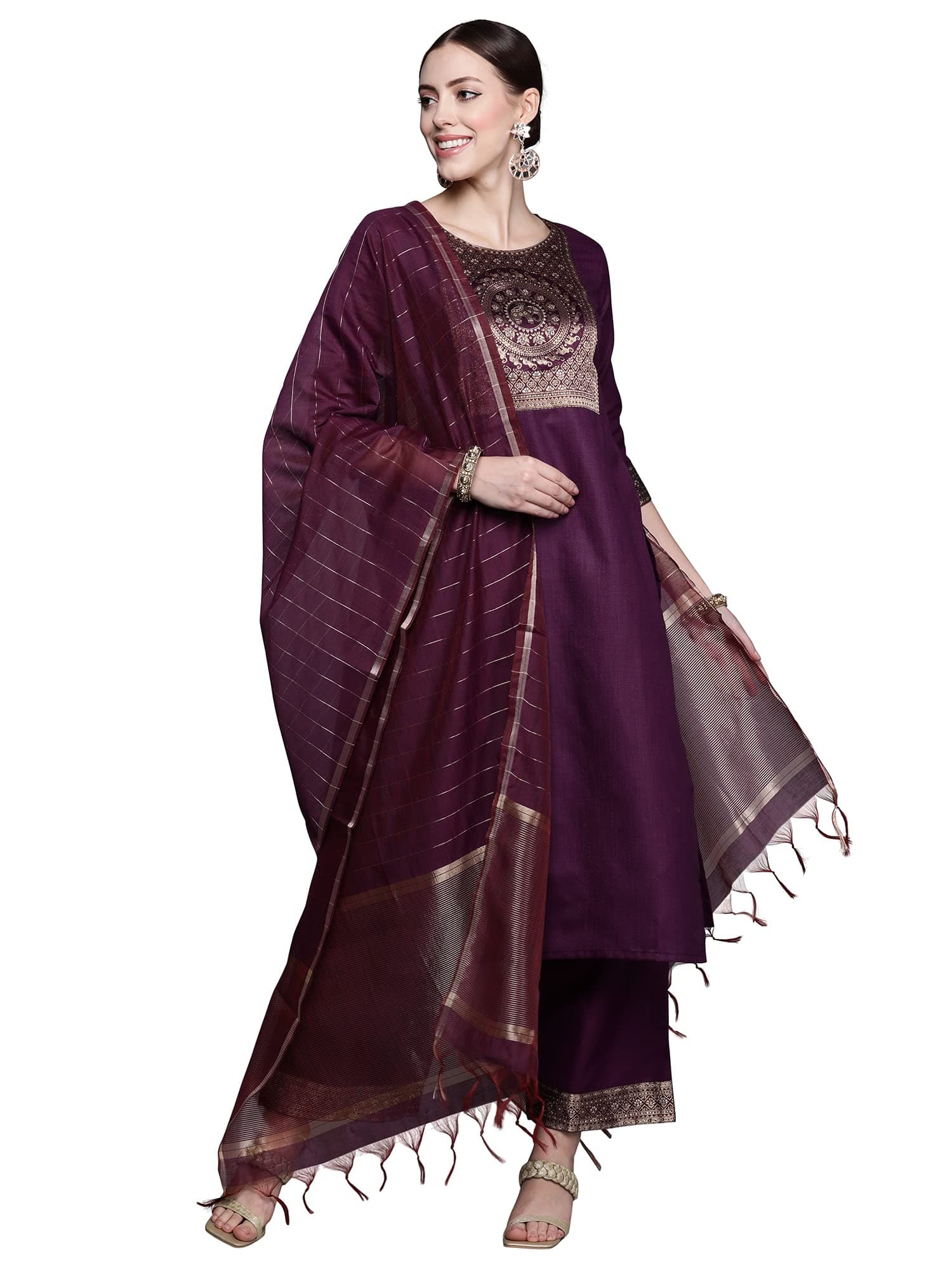INDO ERA Women's Cotton Woven Yoke Design Straight Kurta Pant With Dupatta Set (Magenta_DDDDD4012_Large)