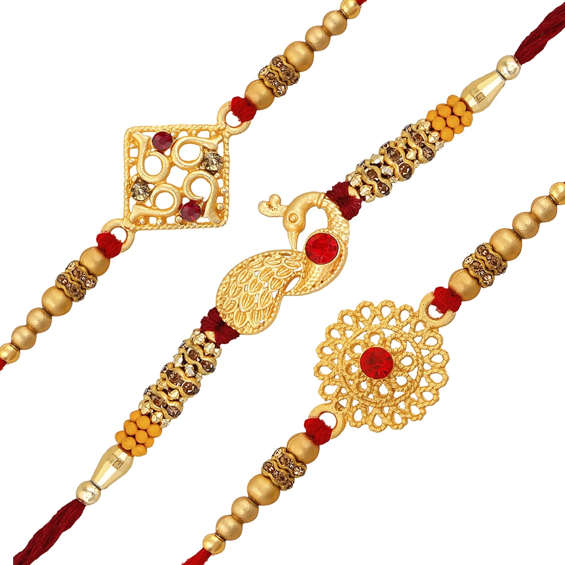Okos Rakhshabandhan Gifts Combo Pack Of 3 Matte Gold Plated Delicate Alloy Rakhi (Bracelet) Set With Multicolor Crystal Stones For Men- Rakhi For Brother, Bhaiya, Bhai CO1000327C