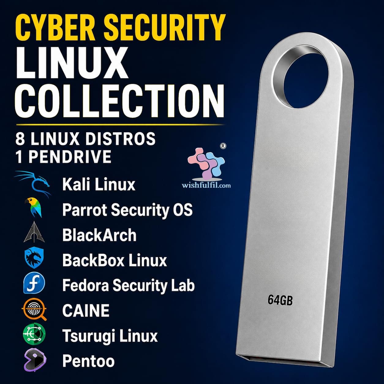 wishfulfil 8-in-1 Cyber Security Linux Collection Bootable 64GB 64 bit Bootable Installation – Kali Linux, Parrot Security OS, BlackArch, BackBox Linux, Fedora Security Lab, CAINE, Tsurugi Linux & Pentoo