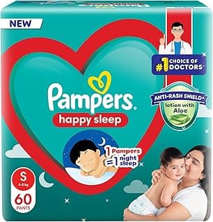Pampers Happy Sleep Pant Style Baby Diapers, Small (S), 60 Count, 1 Pampers = 1 Night Sleep, with Anti Rash Shield, 4-8 Kg Diapers