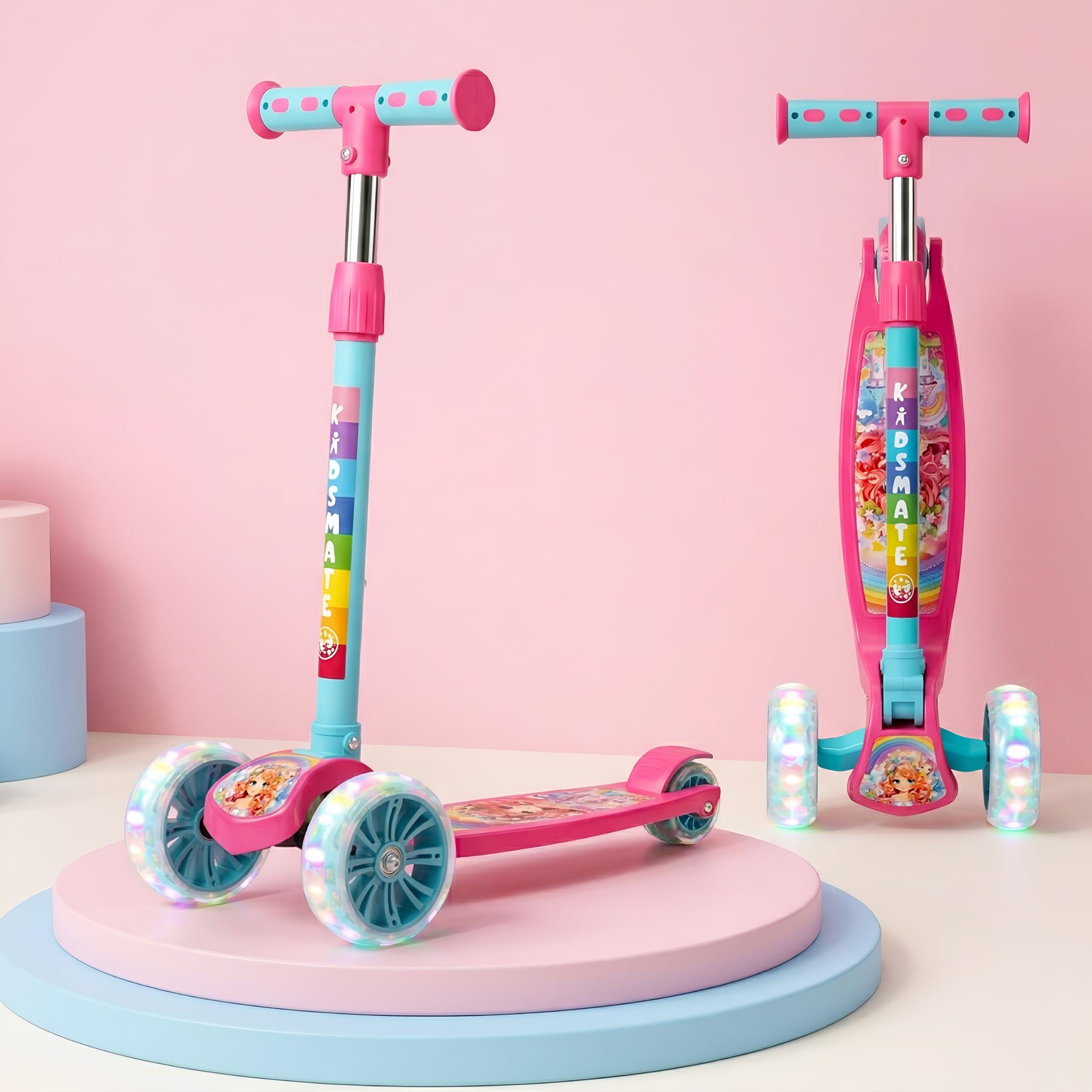 Kidsmate Rider Pro Kick Scooter with Broad PU LED Wheels | 3-Wheel Skating Scooter for Boys & Girls of Ages 2-12 Years | Level Adjustable Height, and Easy Fold Design (Pink Sea Green)
