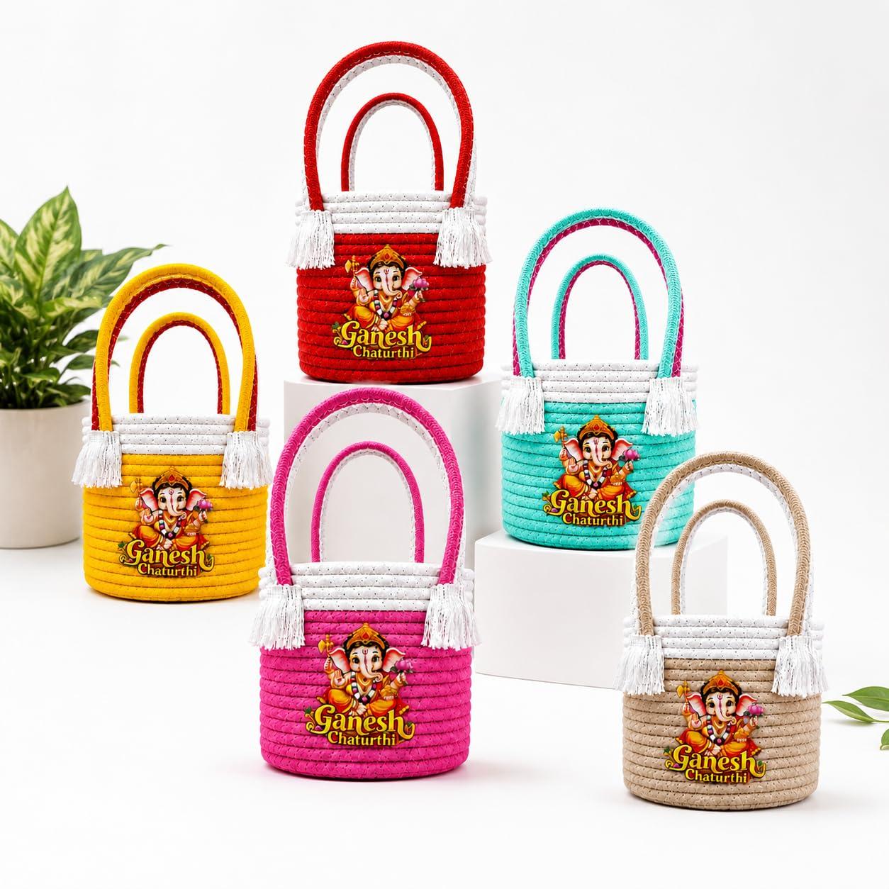 Ganesh Chaturthi Decorative Basket Set of 5, Random Color, Handmade Rope Storage Baskets, Ganpati Bappa Morya Design, Puja Room Organizer, Mandir Decor, Prasad Fruit Flower Holder, Festive Gift Hamper