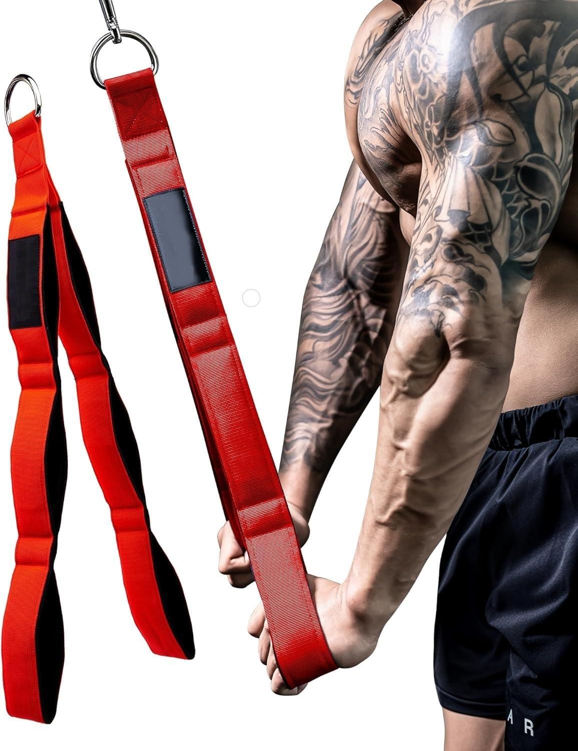 Leosportz Triceps Rope Cable Attachment - Fabric Triceps Rope with Strong Grip and Multiple Handles | Upgraded Design Lightweight Tricep Push Down Rope (Red, 2 Handle)