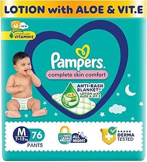 Pampers Complete Skin Comfort Pants, (M) 76 Count, Anti-rash blanket, Lotion with Vitamin E & Aloe Vera, Medium, 7-12kg