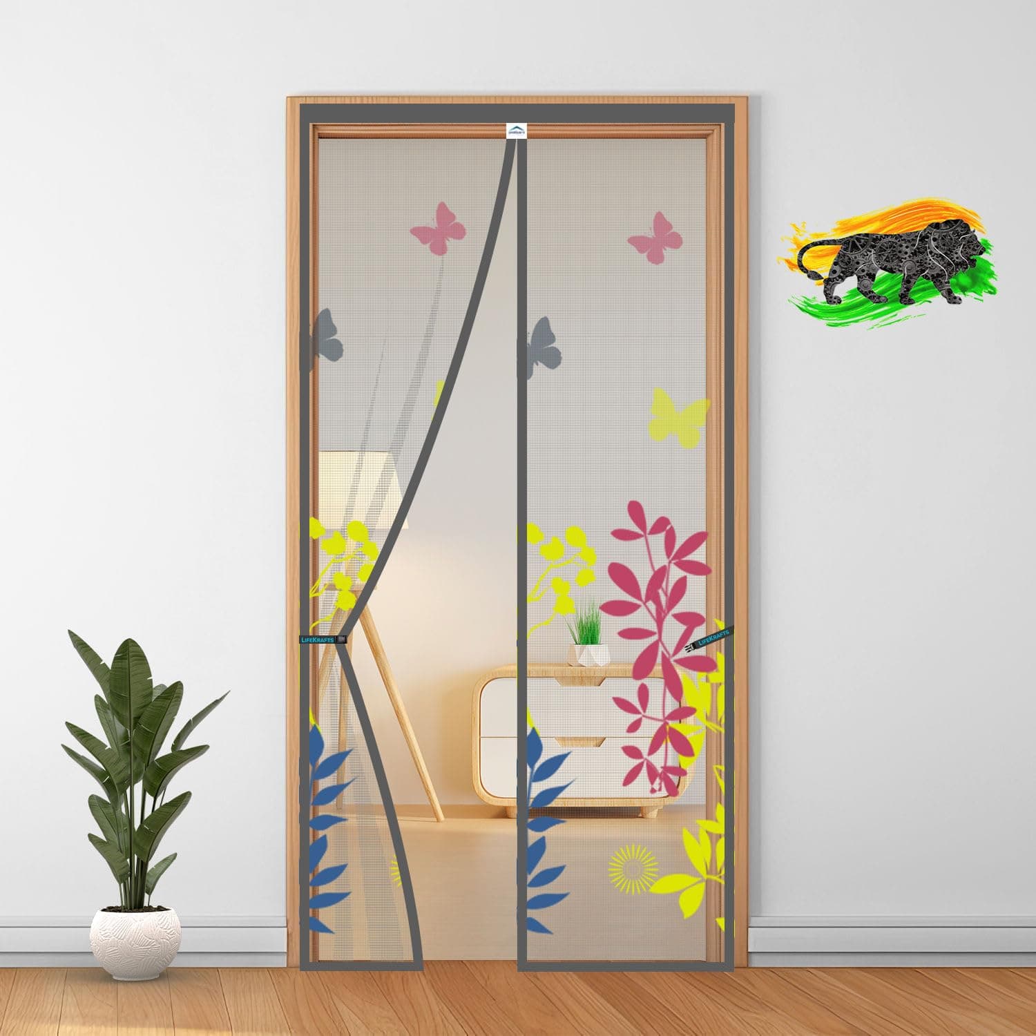 LifeKrafts Polyester Door Mosquito Net with Magnets | Color Floral Pattern with Grey Background | Mosquito Curtain for All Door Types and Sizes | Auto Close Insect Screen | Size 200 * 70cm