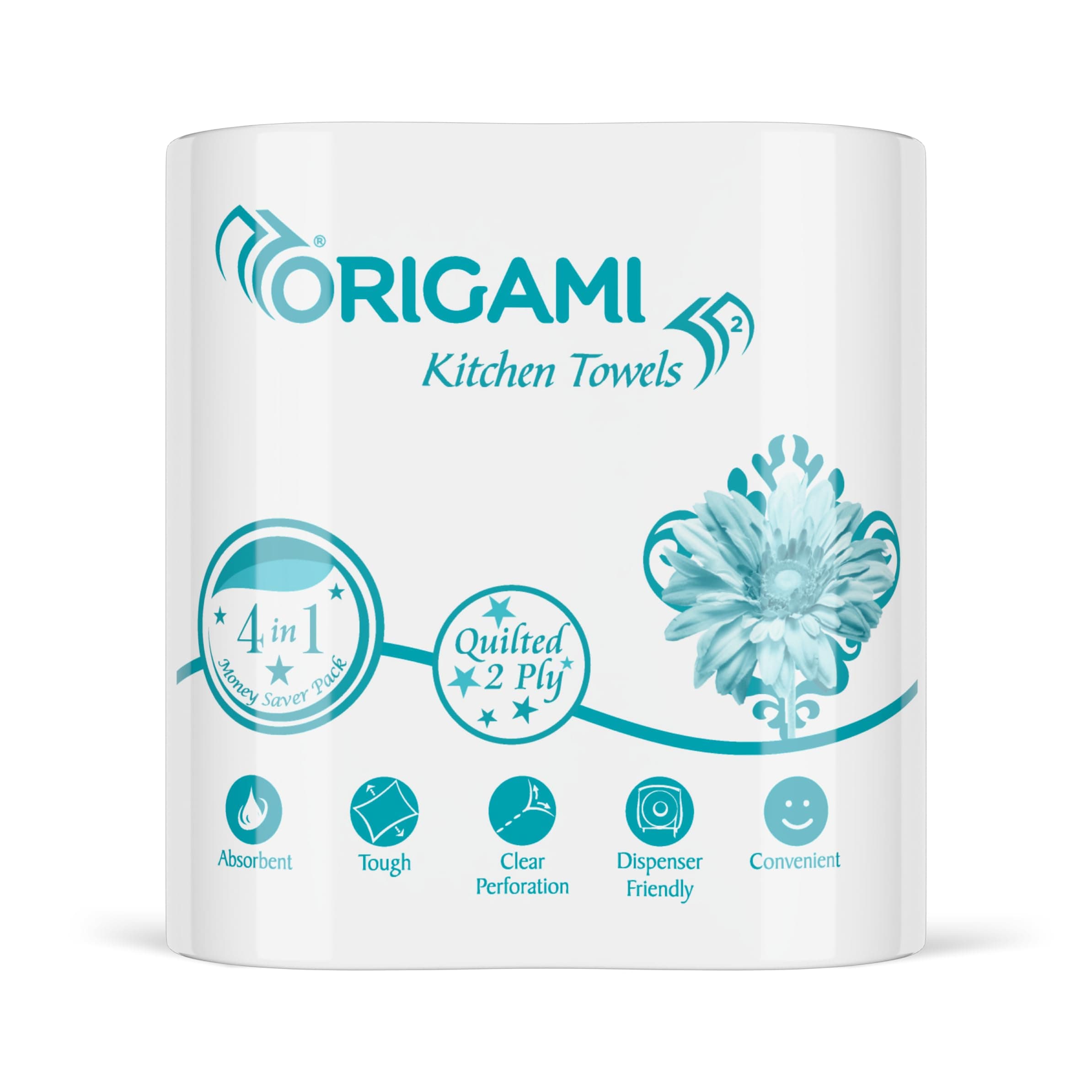 Origami 2 Ply 4 in 1 Kitchen Tissue Paper Roll | Tough, Super Absorbent & Food Safe Tissues for Spotless Cleaning | Ideal for Multi Purpose Use (60 Pulls Per Roll, 240 Sheets)
