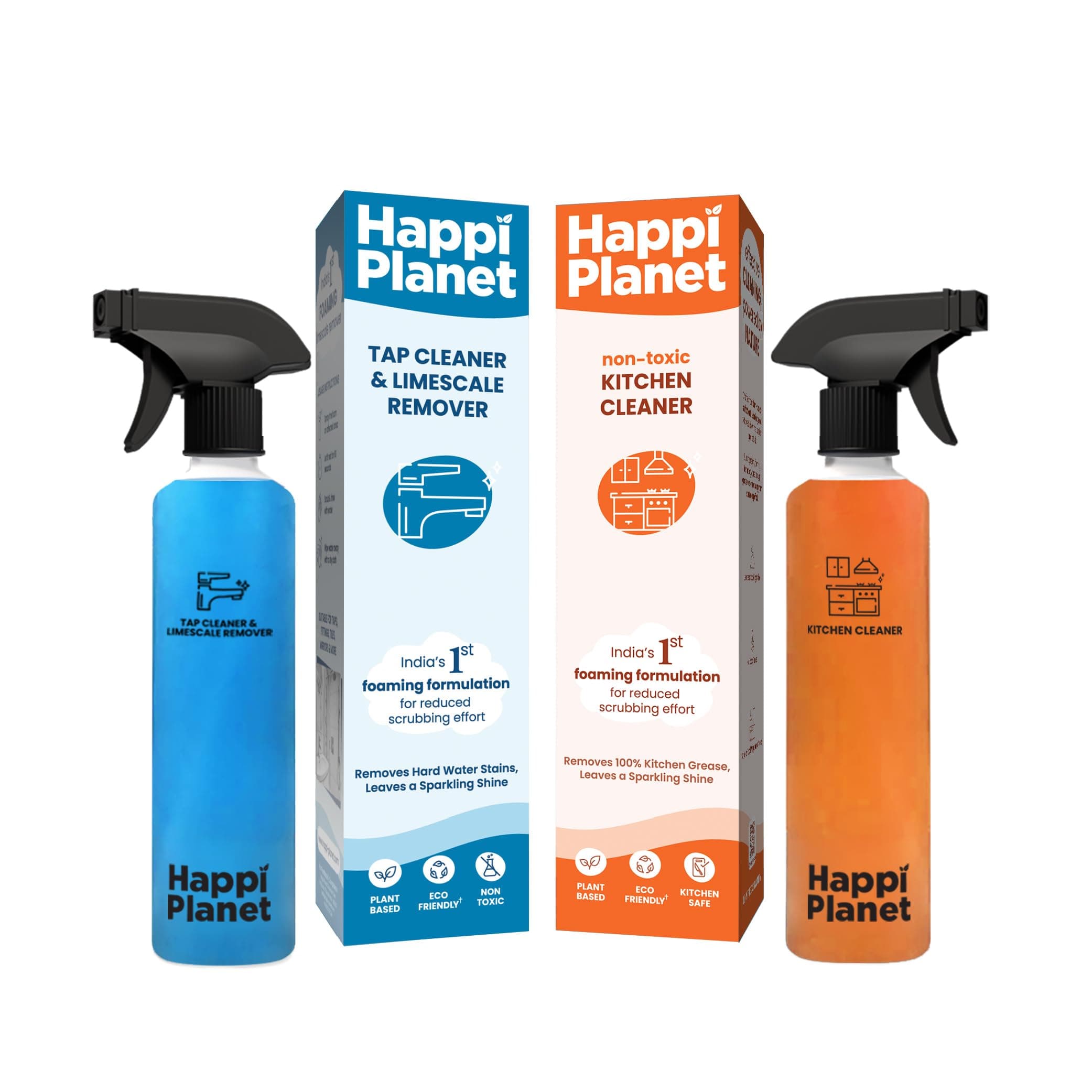 Happi Planet | Limescale Remover & Kitchen Cleaner Spray Combo | India’s 1st Foaming Solution for Reduced Scrubbing | Suitable for Taps, Limescale, Stove, Chimney, Exhaust Fan & Mirrors | 500 ML X 2