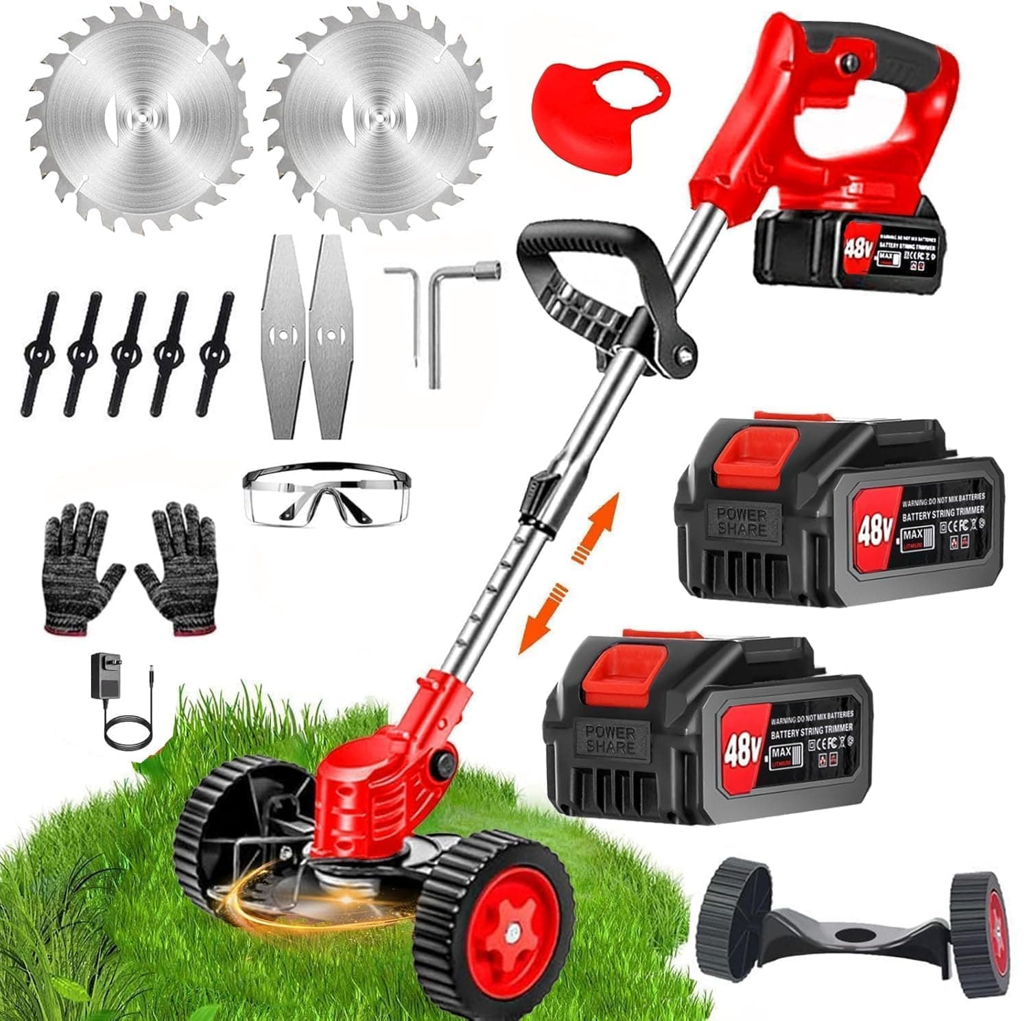 Electric Wireless Rechargeable Edge Cutter 48V - 25cm Cutting Width | 2-in-1 Mower & Trimmer | Adjustable Height | 3 Blade Types | Lightweight & Portable | Lawns & Gardens