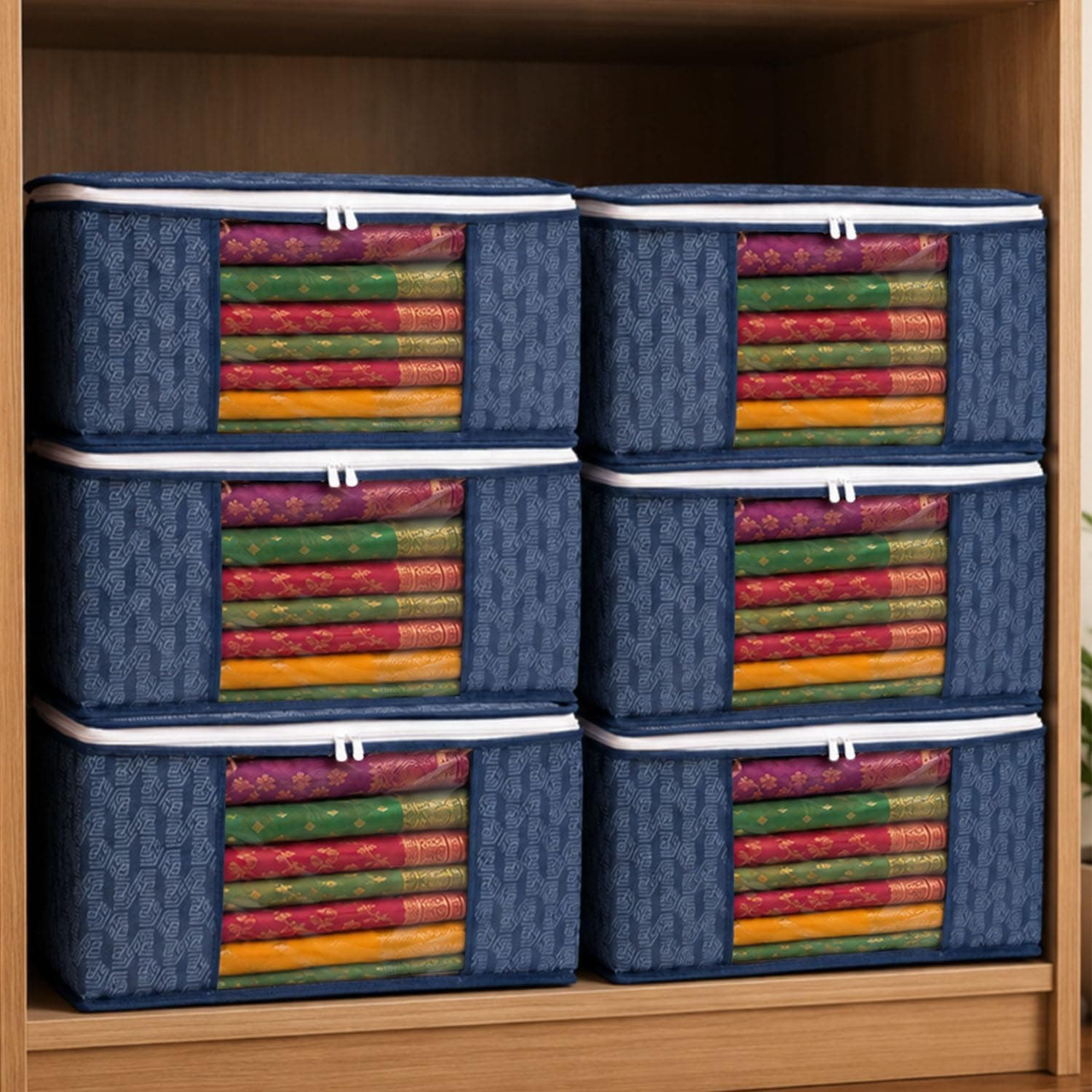 HomeStrap Set of 6 Non-Woven Printed Saree Cover/Cloth Storage/Organizer with Transparent Window (Navy Blue), 33.5 x 22 cm