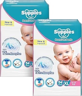 Amazon Brand - Supples Premium Baby Diaper Pants | 108 Baby Diapers | XL | 12-17 Kg | 12 Hrs Absorption | Cushiony Cotton Soft Fabric | Phthalates-Free | Triple Leak Guard | 54 Count, Pack of 2