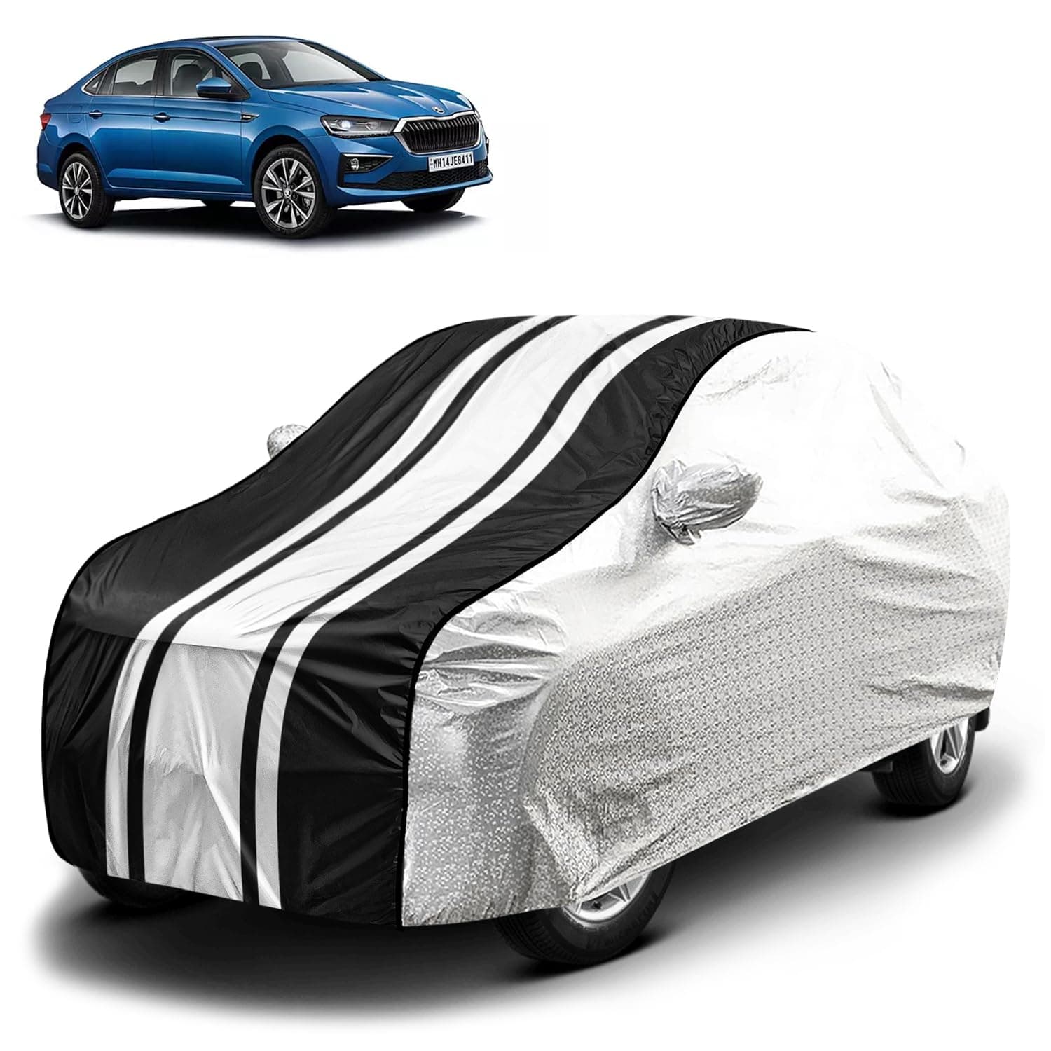 Fabtec Waterproof Car Body Cover for Skoda Slavia with Mirror Pocket and Soft Cotton Lining, Bottom Elastic, Triple Stitched (Metallic Silver with Black Stripes) (No Antenna Pocket)
