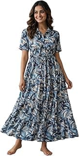 Bollyclues Women’s Crepe Fabric Printed Maxi Dress for Women| Lightweight, Breathable & Flowy | Short Sleeve Button-Down Casual Dress with Waist Tie | Stylish Summer & Vacation Wear