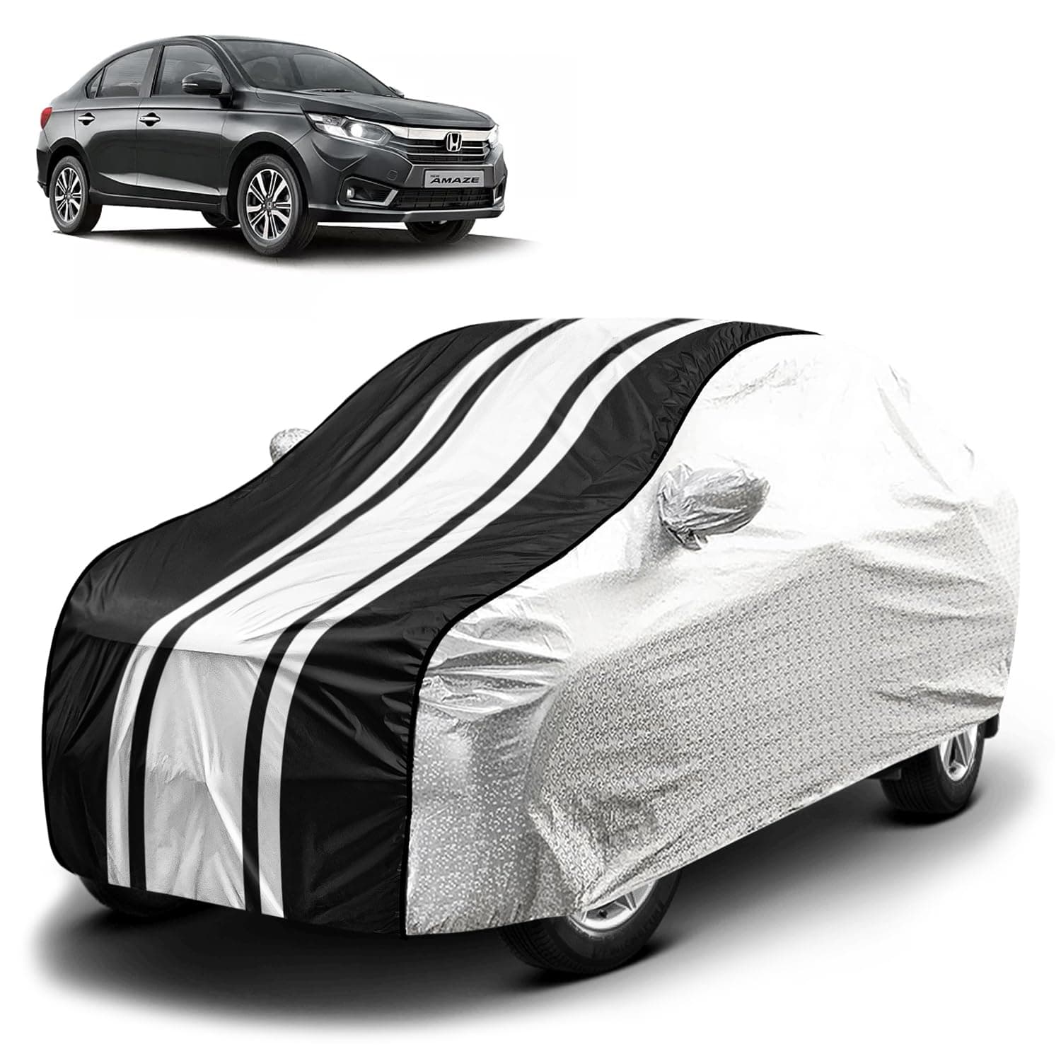 Fabtec Waterproof Car Body Cover for Honda Amaze with Mirror Pocket and Soft Cotton Lining, Bottom Elastic, Triple Stitched (Metallic Silver with Black Stripes) (No Antenna Pocket)