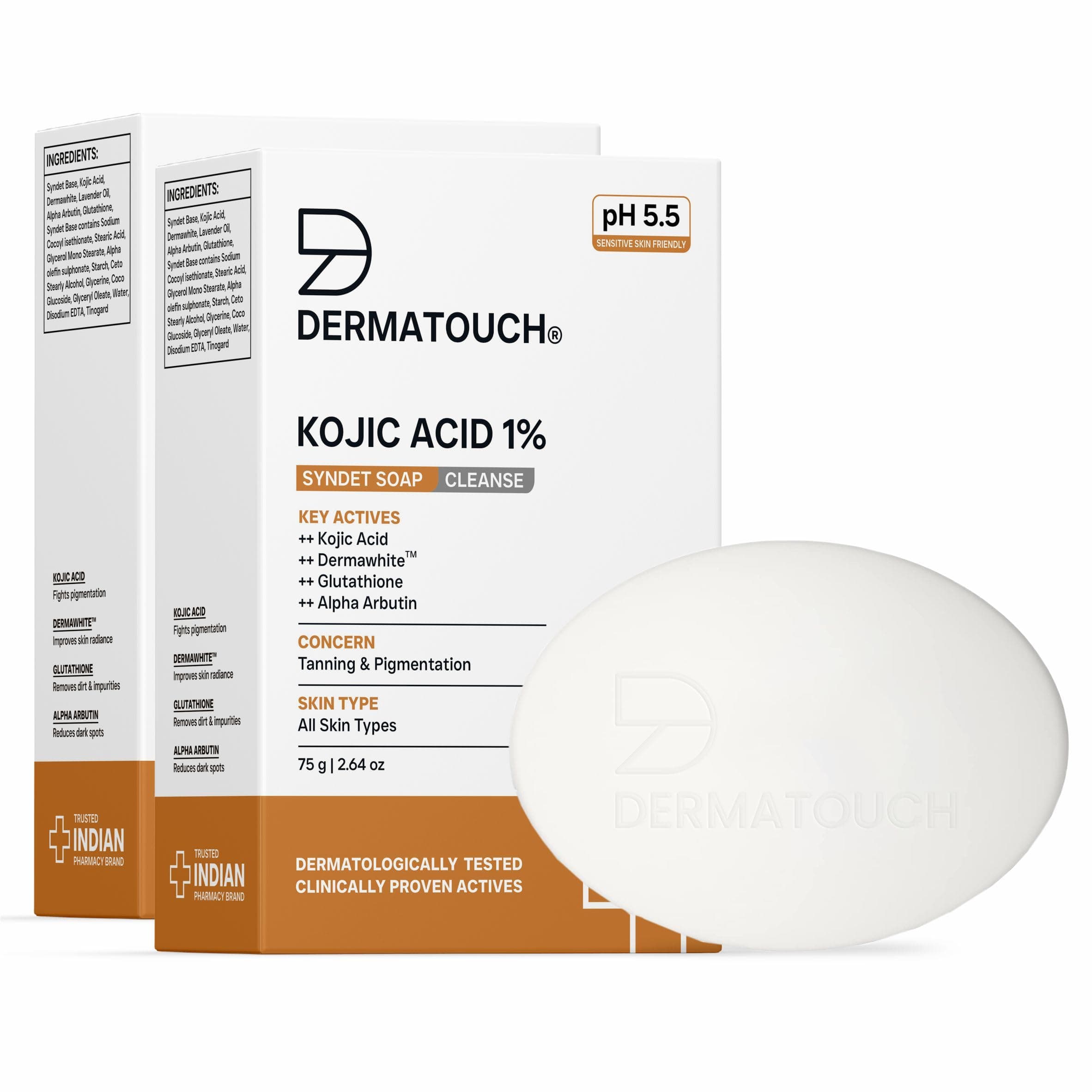 DERMATOUCH Kojic Acid 1% Soap with Glutathione & Alpha Arbutin |For Tan, Brightening, Dark Spots & Pigmentation | pH 5.5 Balanced Syndet Bar | Dermatologist Tested | For Men & Women | 75g (Pack of 2)