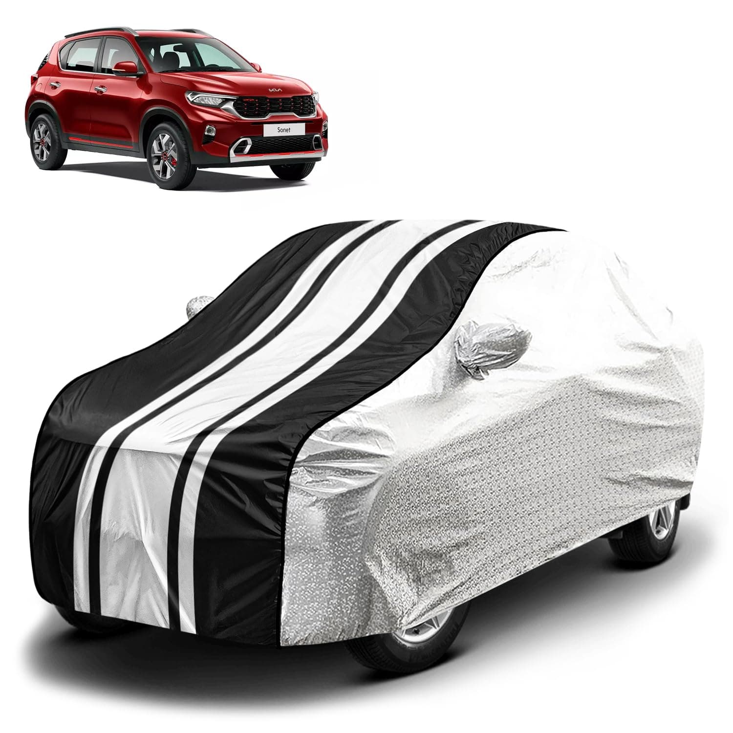 Fabtec Waterproof Car Body Cover for Kia Sonet with Mirror Pocket and Soft Cotton Lining, Bottom Elastic, Triple Stitched (Metallic Silver with Black Stripes) (No Antenna Pocket)