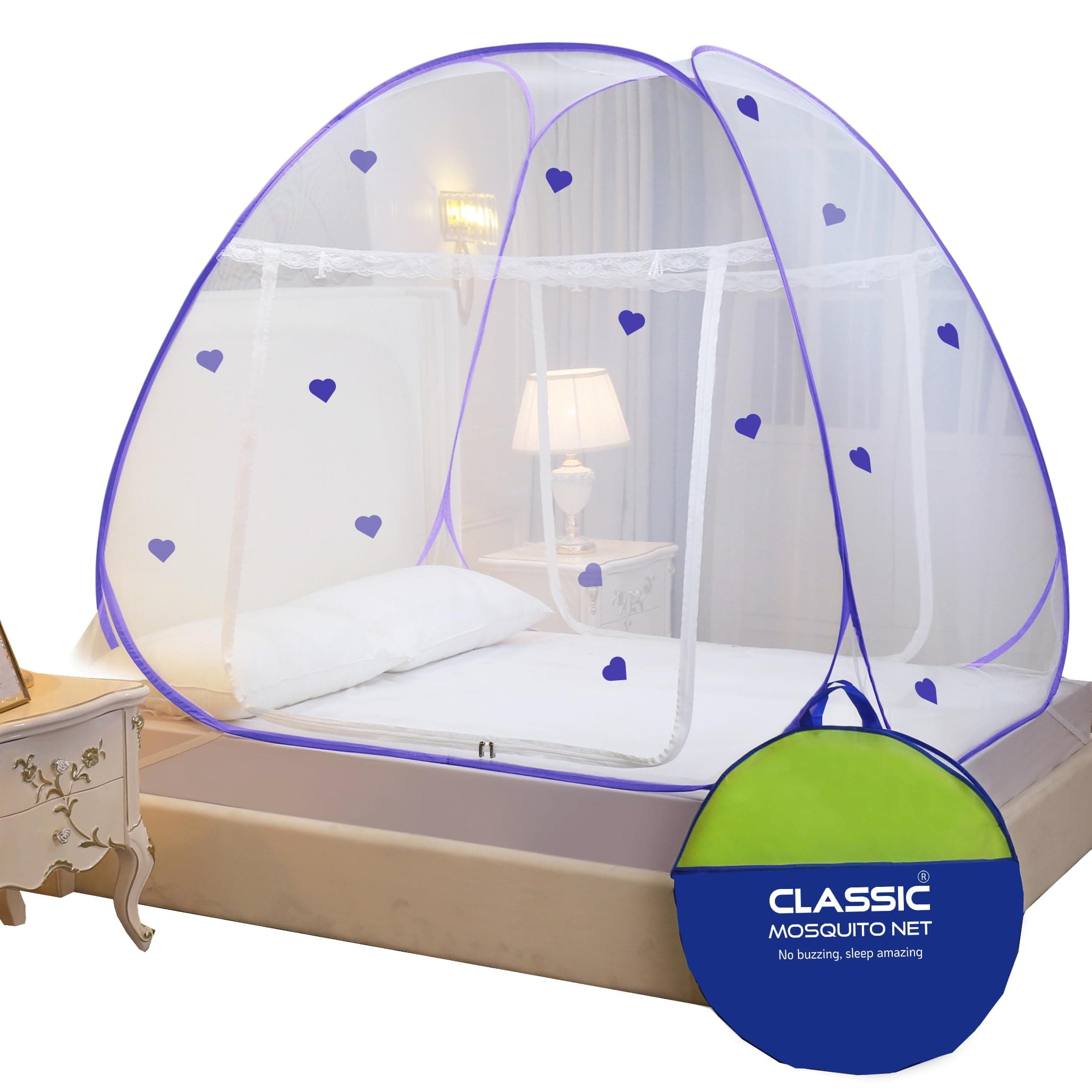 Classic Mosquito Net for King Size Bed Heart Design | 30 GSM Polyester Fine Mesh | Foldable Pop Up Machardani for Double Bed | 360° Mosquito & Insect Protection | Washable & Reusable | Purple