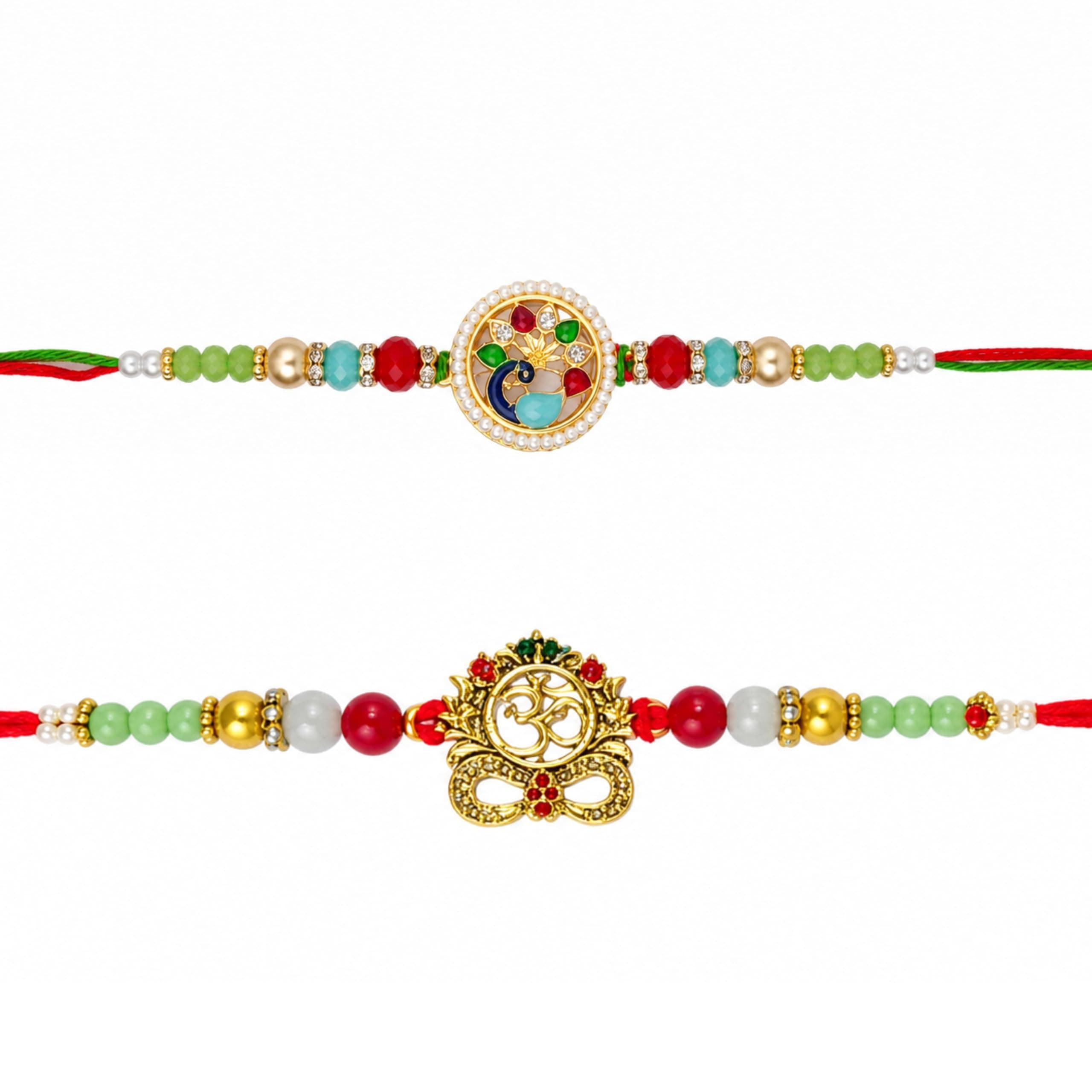 Shreeji Creations Pearl Peacock and Om Pendant Rakhi Combo Set of 2