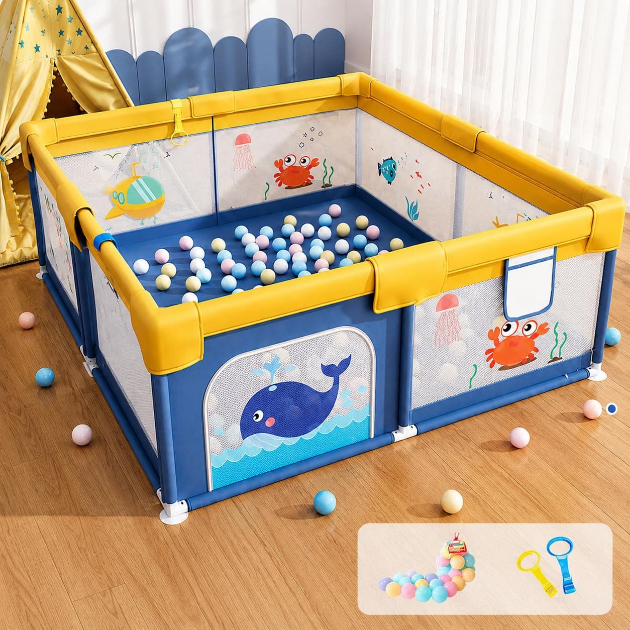 Dawnwake Playpen 150x180cm for Baby 0-5 Years with Safety Lock, Playard with 5-10 Ocean Balls and 2 Grasp Rings (No Mat, Non-Foldable) - Blue