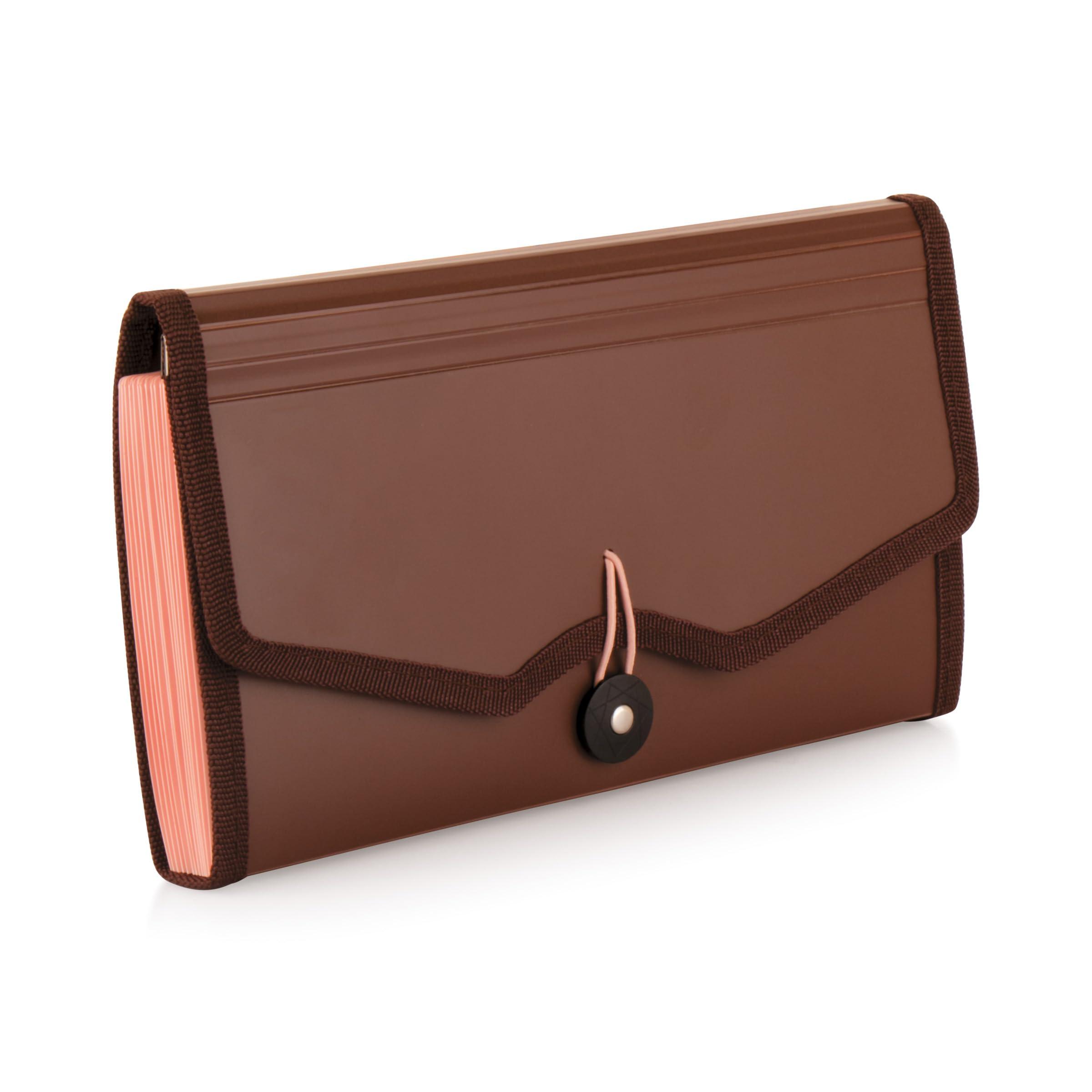 Polen Expanding Cheque Book Holder Case, 13 Pocket Multi Passbook Holder/Bill Folder/Passport/Memo Cards/Cash Storage Pouch Organizer with Elastic Swing .(Radiant Brown)