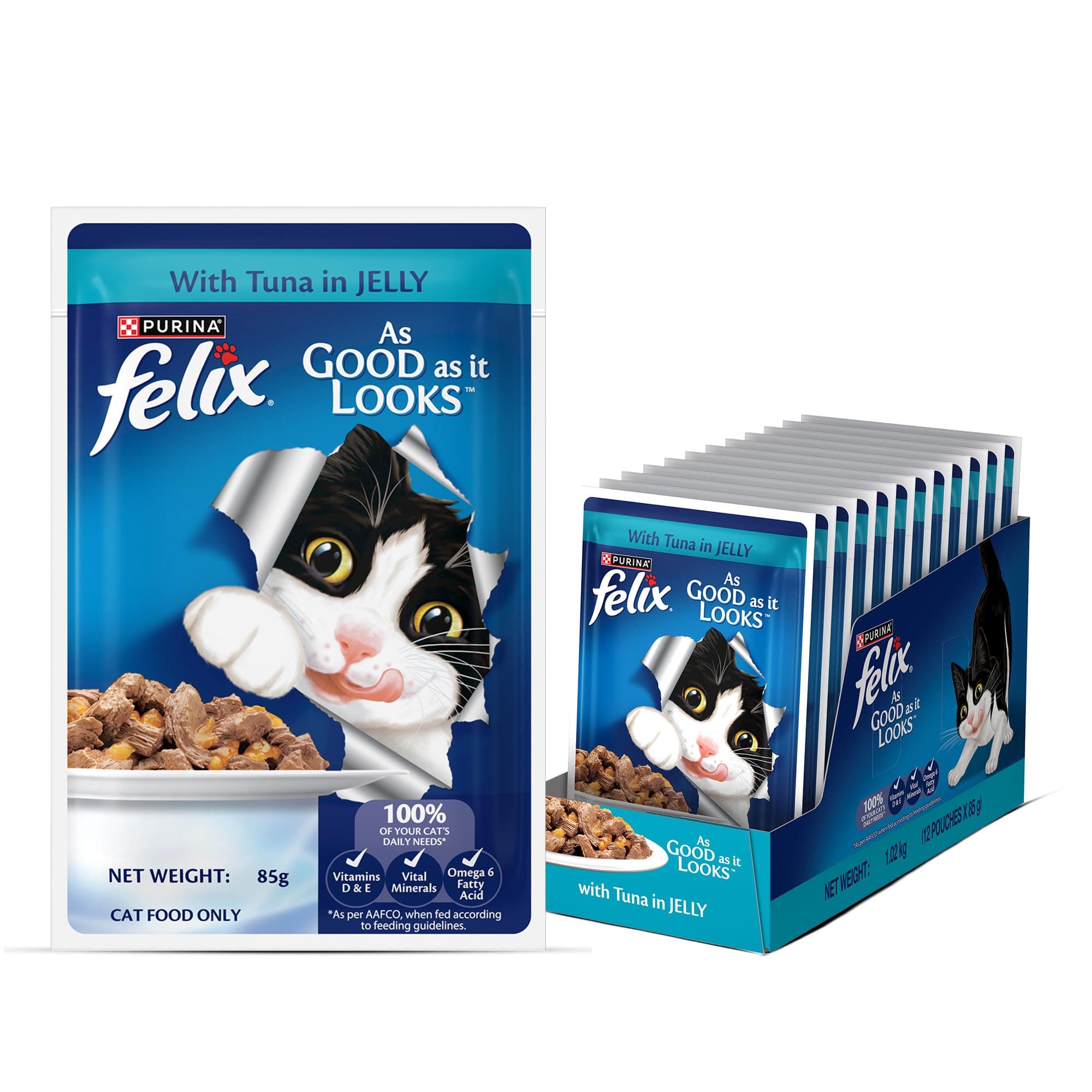 Purina Felix Tuna in Jelly, Wet Food for Adult Cats, Pack of 12 (12x85g)