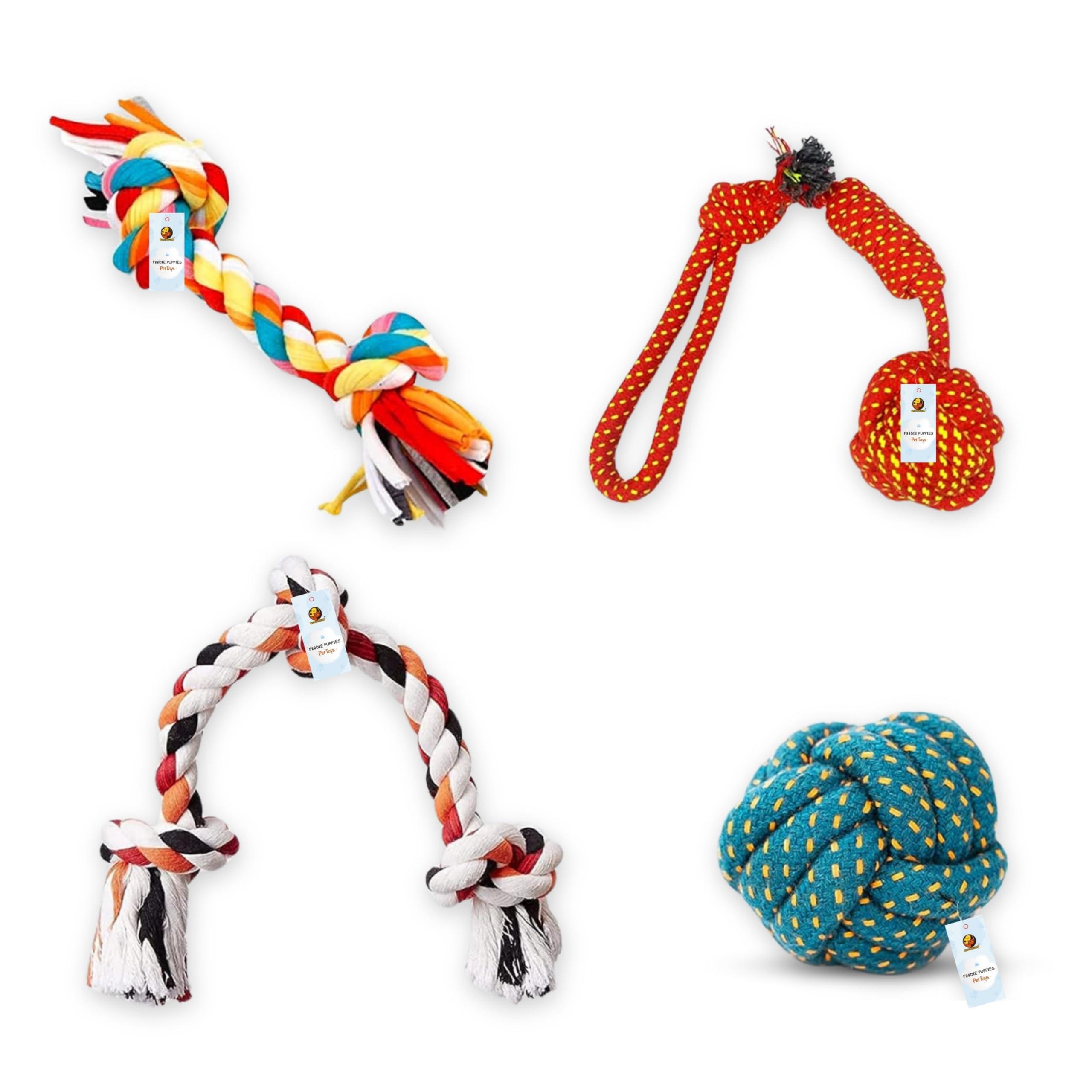 Foodie Puppies Dog Rope Combo of 4 Chewing Teething Fetching Durable Toys for Puppies and Small to Medium Size Dogs (2Knot + 3Knot + Ball + 2Knotball) (Color May Vary)