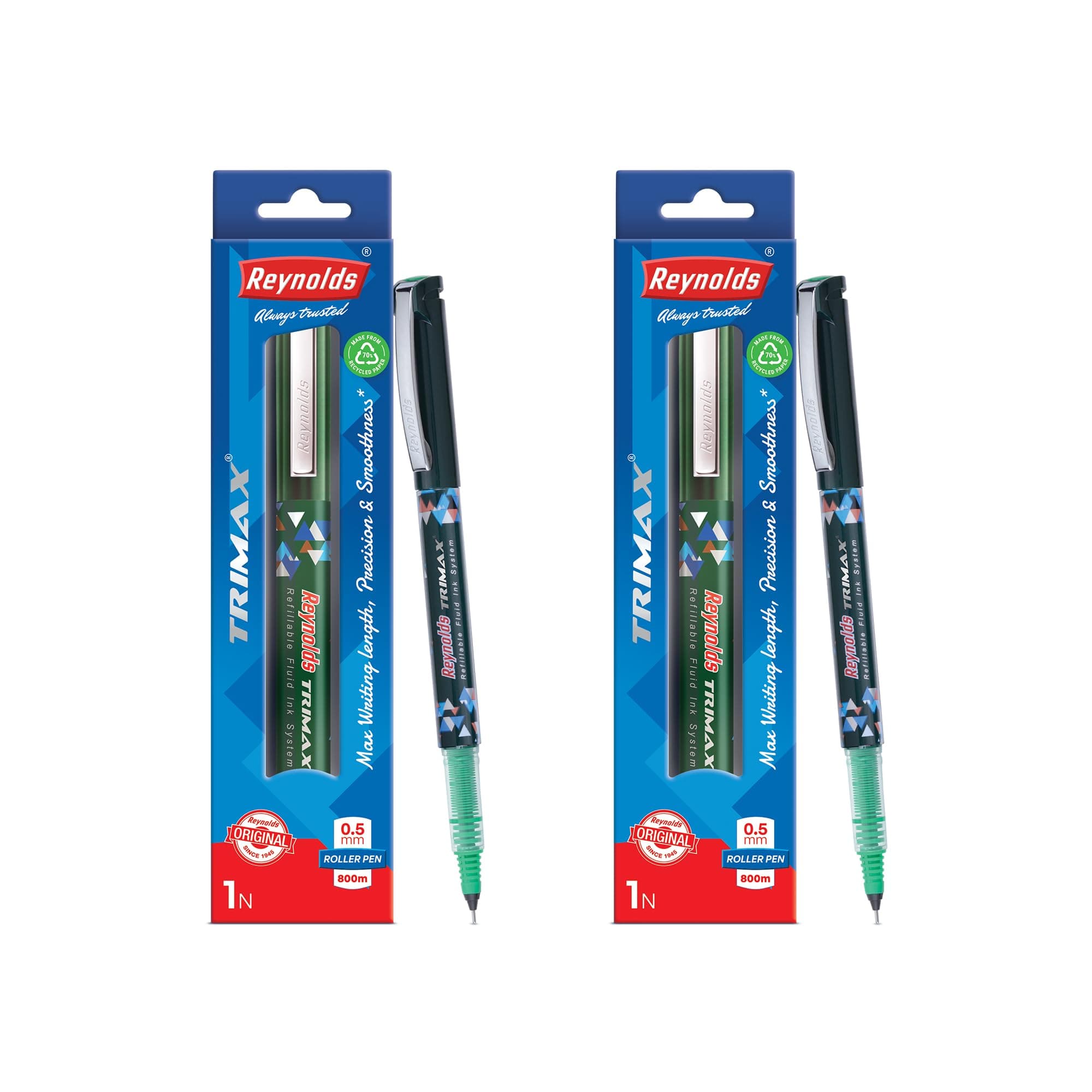 TRIMAX 2 CT POUCH - GREENI Lightweight Roller Pen With Comfortable Grip for Extra Smooth Writing I School and Office Stationery | 0.5mm Tip Size