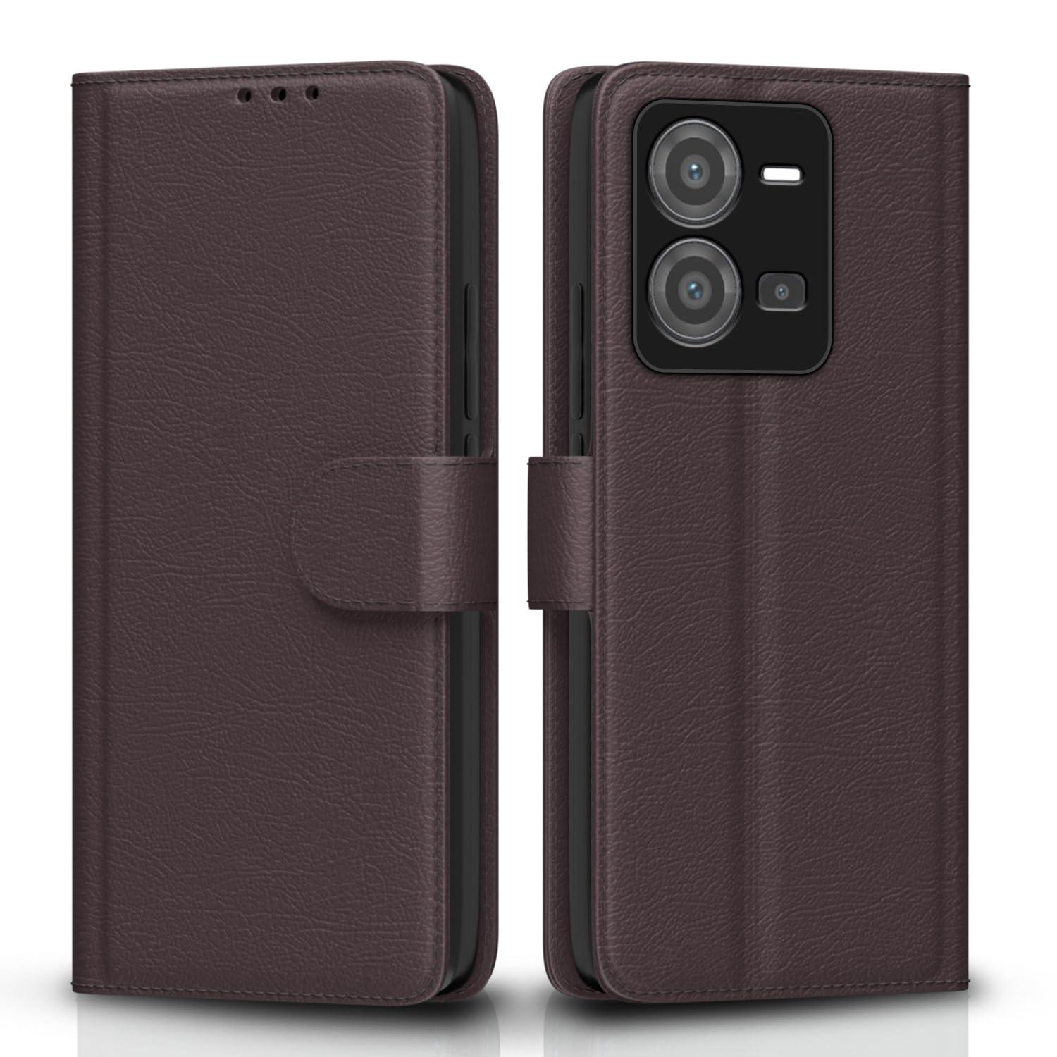Pikkme Vivo V25 5G Flip Case Leather Finish | Inside TPU with Card Pockets | Wallet Stand and Shock Proof | Magnetic Closing | Complete Protection Flip Cover for Vivo V25 5G (Coffee)