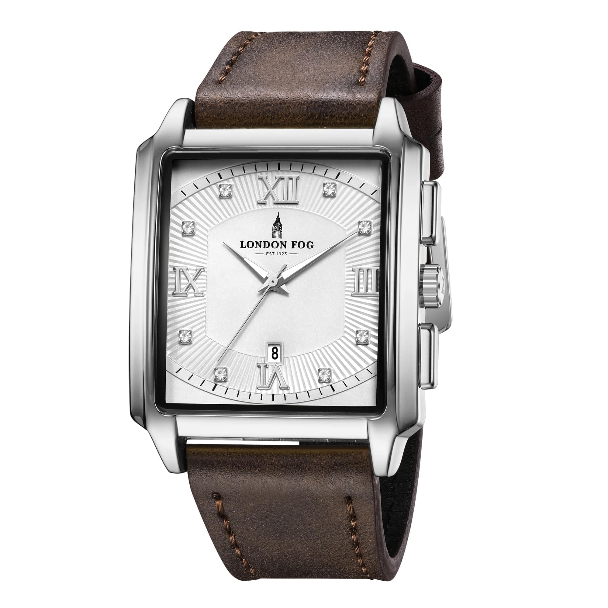 London Fog Mayfair Collection Analog Quartz Watch for Men with White Dial and Brown Leather Strap, Square Metal Case, Crystal Hour Accents, Date Display, Quartz Movement - LFM10004-01