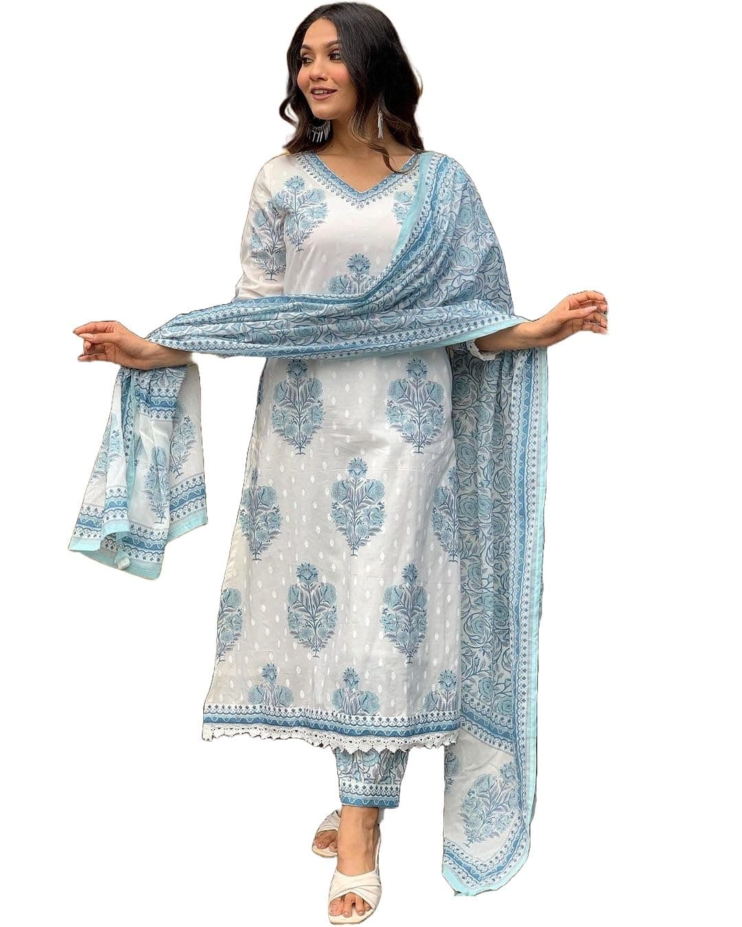 Nermosa Block Printed Kurta set for Women with Dupatta (IN, Alpha, 2XL, White)