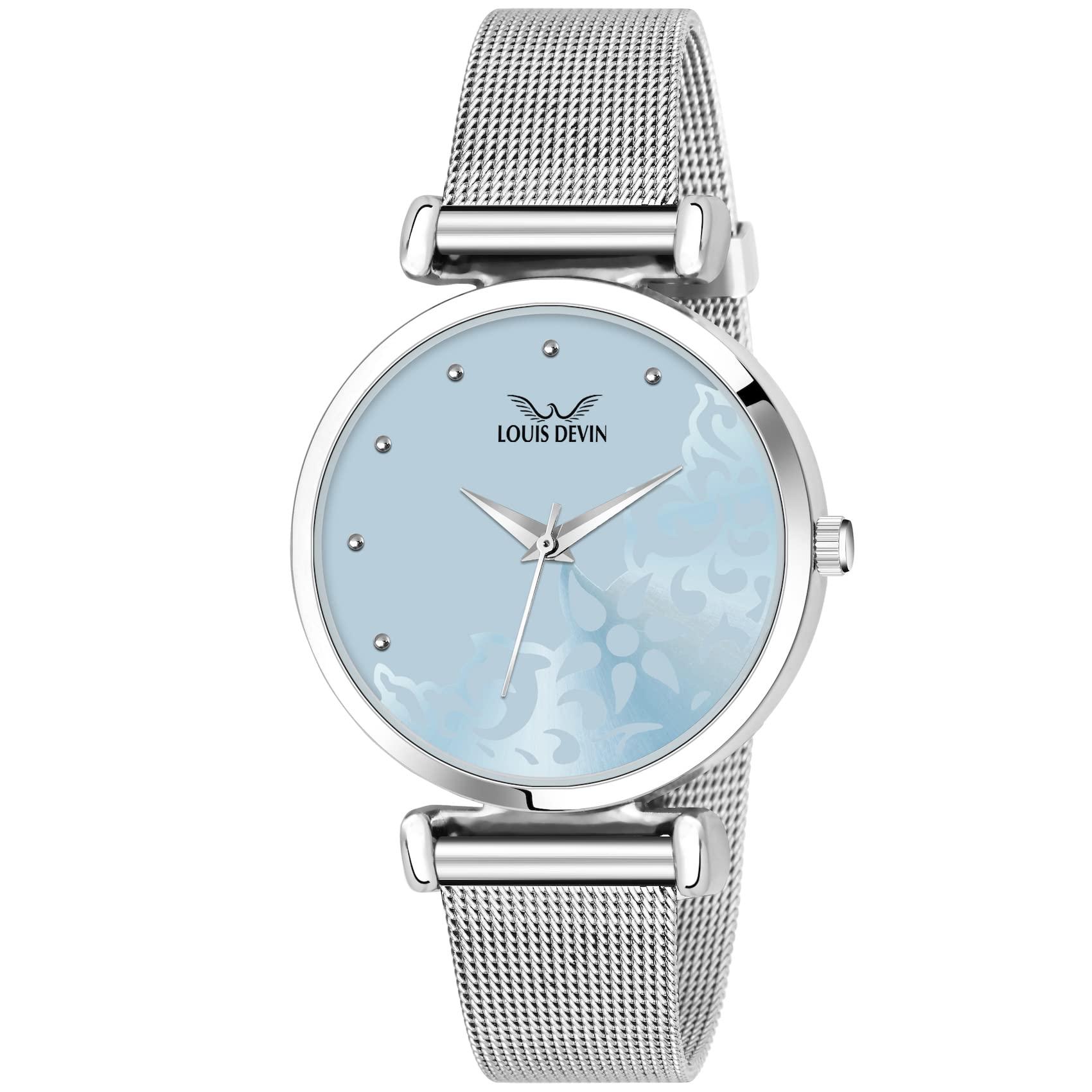 Louis Devin Blue Dial Silver Band Mesh Steel Chain Analog Stainless Steel Wrist Watch for Women | LD-L157-BLU-CH