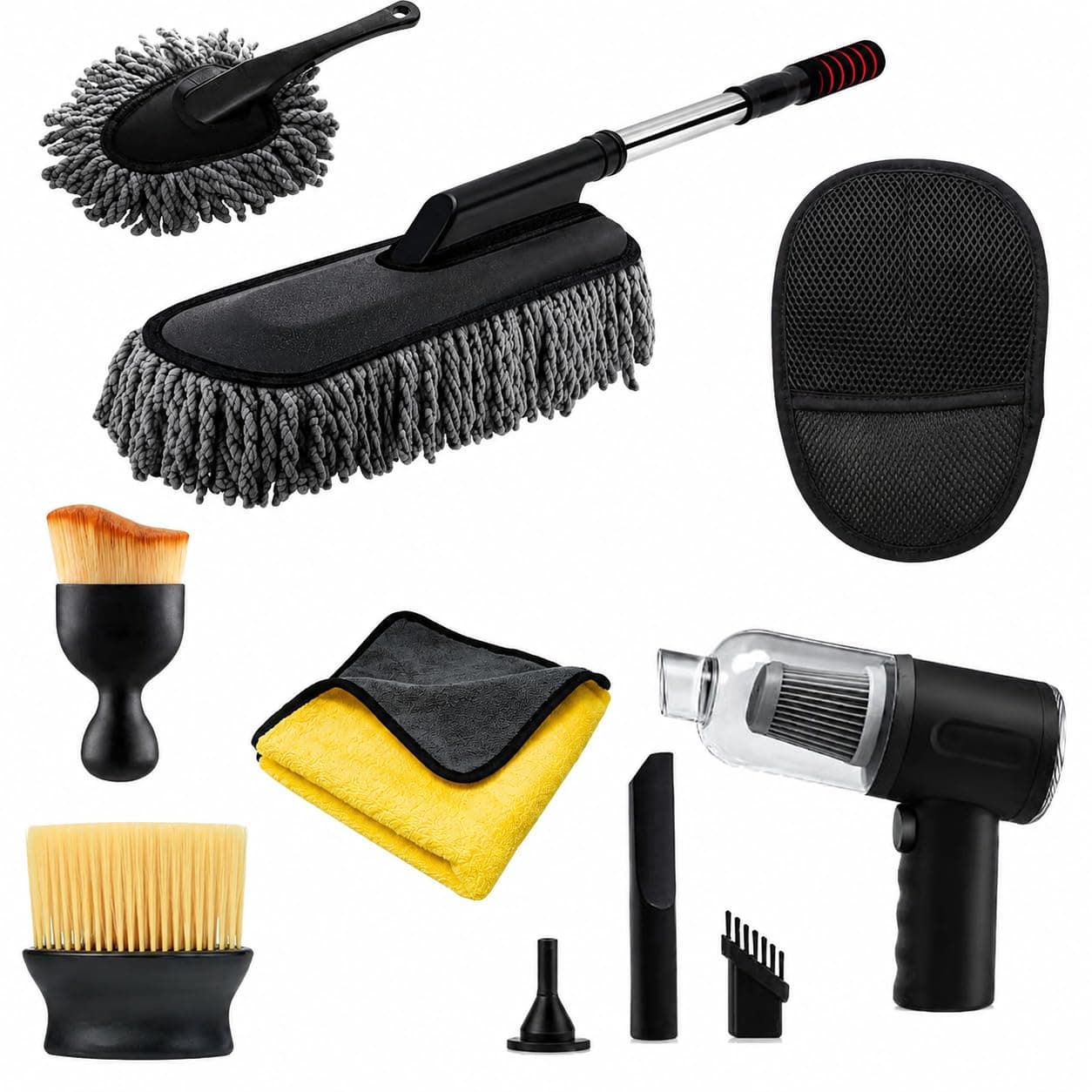 Verivue Mirrors 7 PCS Car Cleaning Kit with 3-in-1 Mini Vacuum Cleaner, Microfiber Cloth,Big Duster,Car Cleaning Sprey,Wheel Brush,AC Vent Brush&Interior Dust Brush,for velar,Truck