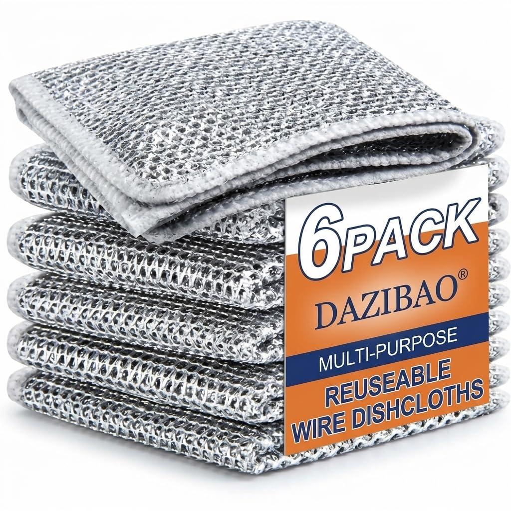 DAZIBAO® Non-Scratch Dish Wash Cloth (Pack of 6), Steel Wire Dishwashing Rags for Wet and Dry Stainless Steel Scrubber Non-Scratch Wire Dishcloth for Washing Dishes Sinks Counters (6)
