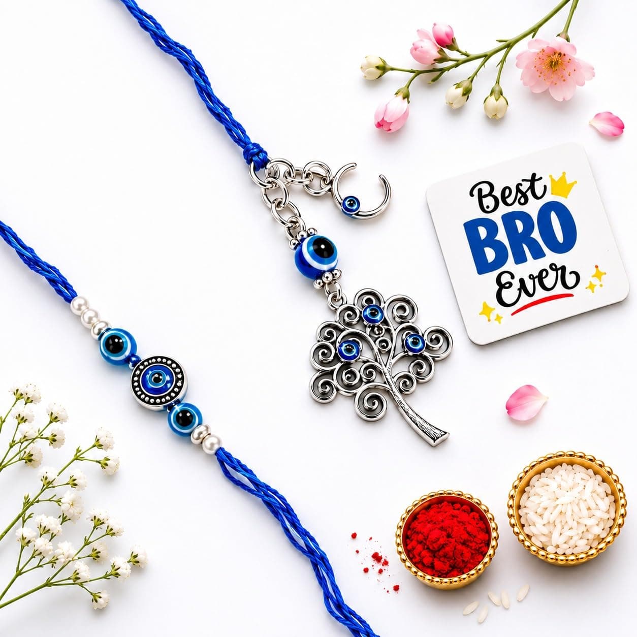 eCraftIndia Designer Evil Eye Tree of Life & Moon Bhaiya Bhabhi Rakhi with Best Bro Ever Fridge Magnet, Blue Nazar Rakhi Set for Brother & Bhabhi, Raksha Bandhan Gift with Roli Chawal